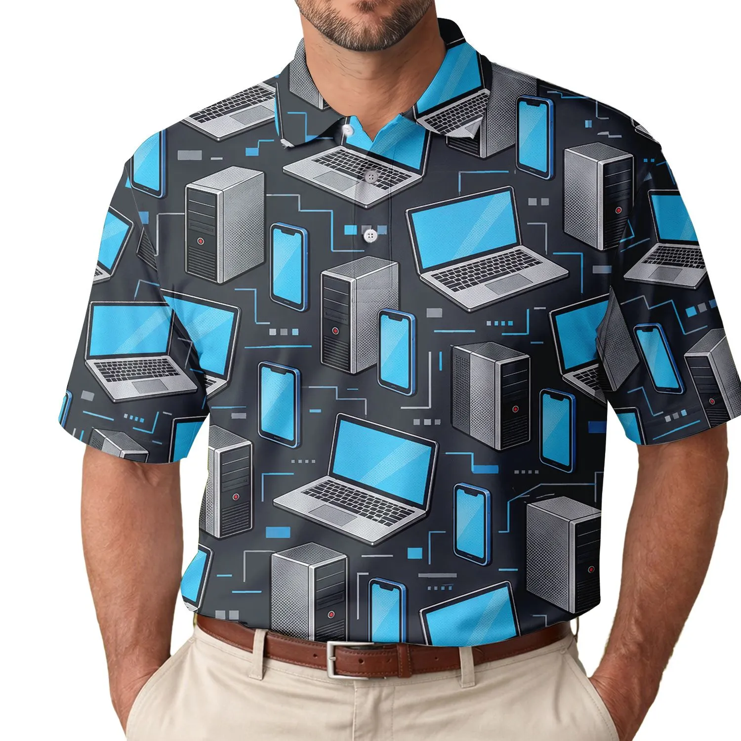 Retro Computer Tech Icons for Office Casual Style and Digital Workspace Enthusiasts Men's Polo Shirt - 1