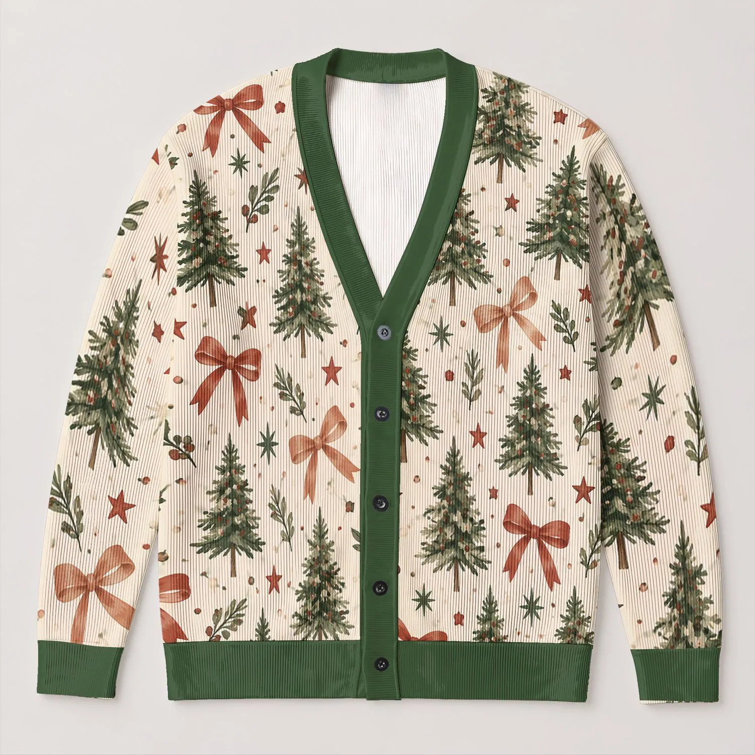 Evergreen Trees And Ribbon Bows For Cozy Holiday Gatherings Women's Festive Winter Style All-over Print Knitted Cardigan - 1