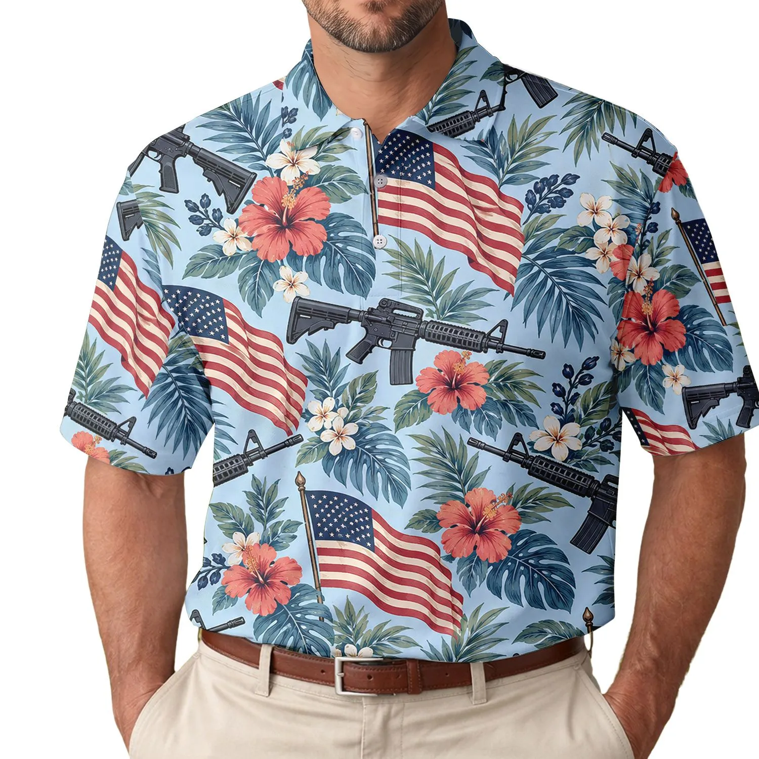 Patriotic Rifle American Flag Floral Motifs for Golf Outings and Fourth of July Men Men's Polo Shirt - 1