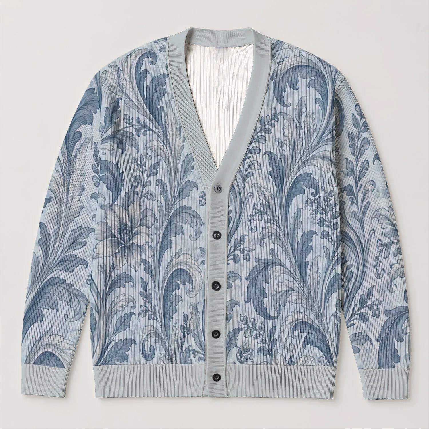 Icy Blue Botanical Relief For Relaxed Layering And Everyday Cool Weather Elegance All-over Print Knitted Cardigan - 1