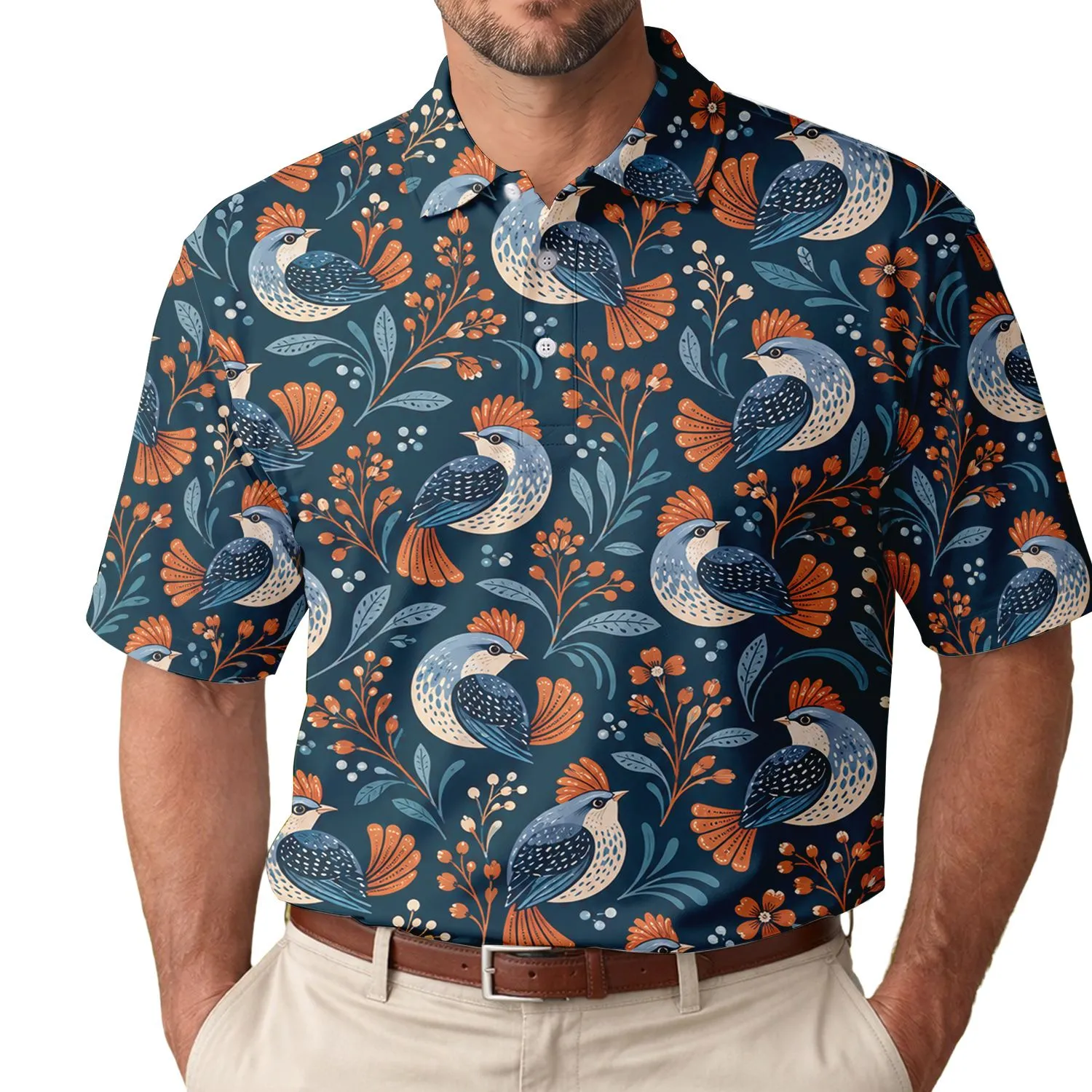 Folk Bird Botanical Motif for Resort Days and Outdoor Leisure Women's Athleisure Men's Polo Shirt - 1