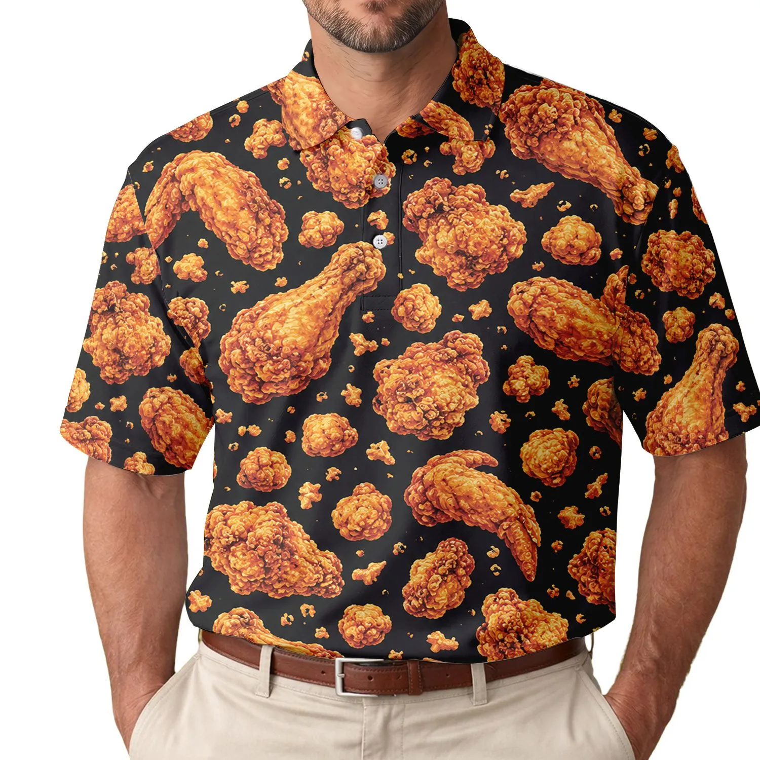 Fried Chicken Lover Gift for Foodies, Fun BBQ Style, Crispy Orange Chicken Theme Men's Polo Shirt - 1