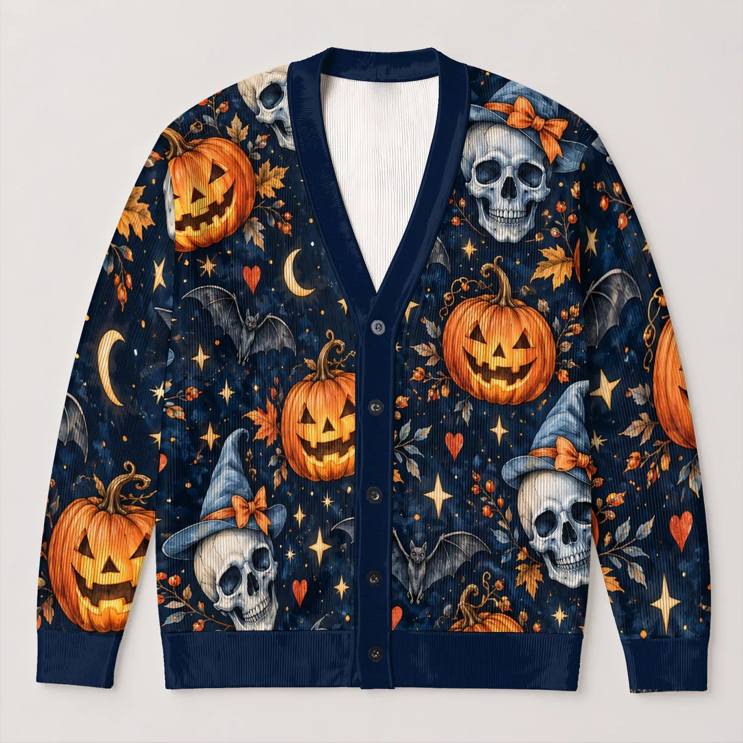Pumpkin Skull Bat Halloween Style for Spooky Fall Everyday Layering and Plus Size Women All-over Print Knitted Cardigan - 1