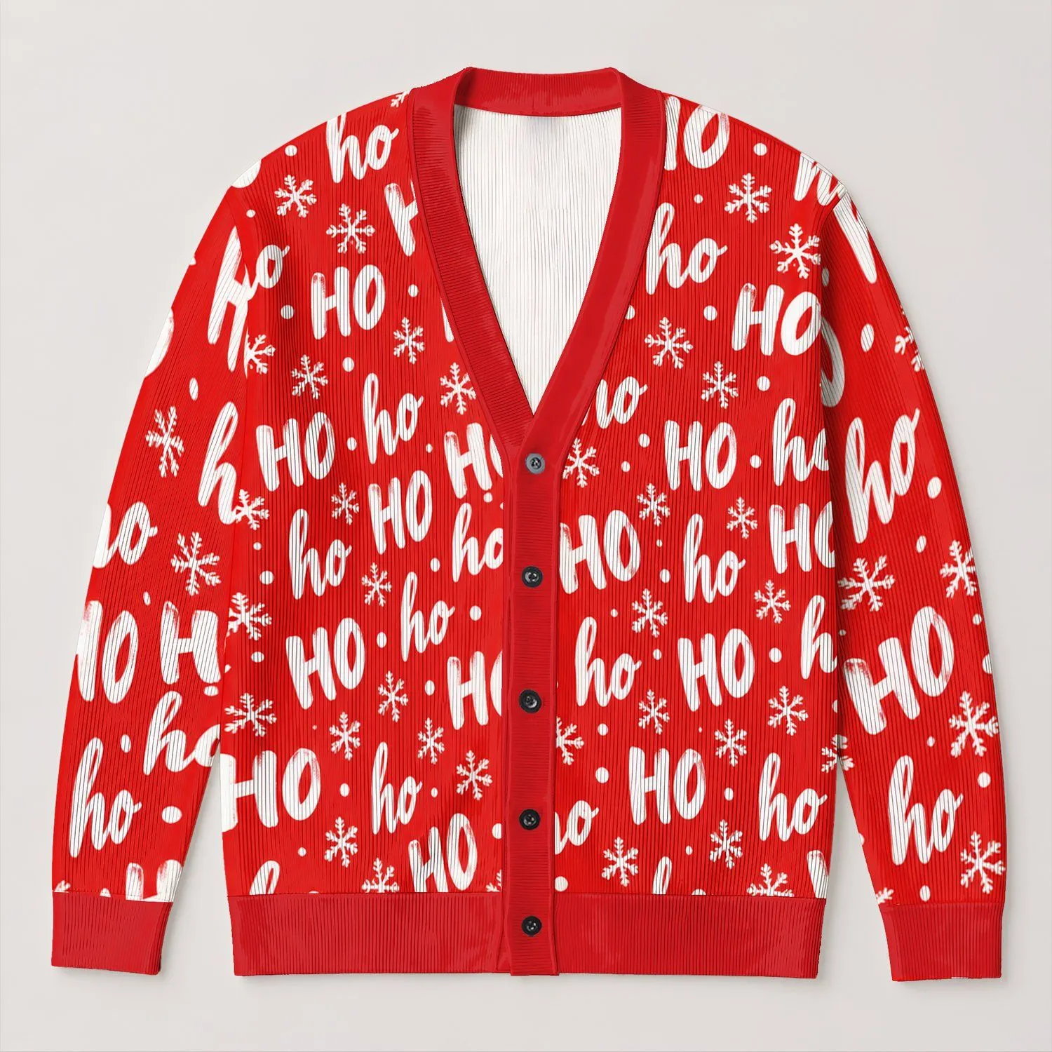 Red Ho Ho Snowflake Holiday Cheer For Festive Layering Women And Winter Gatherings All-over Print Knitted Cardigan - 1