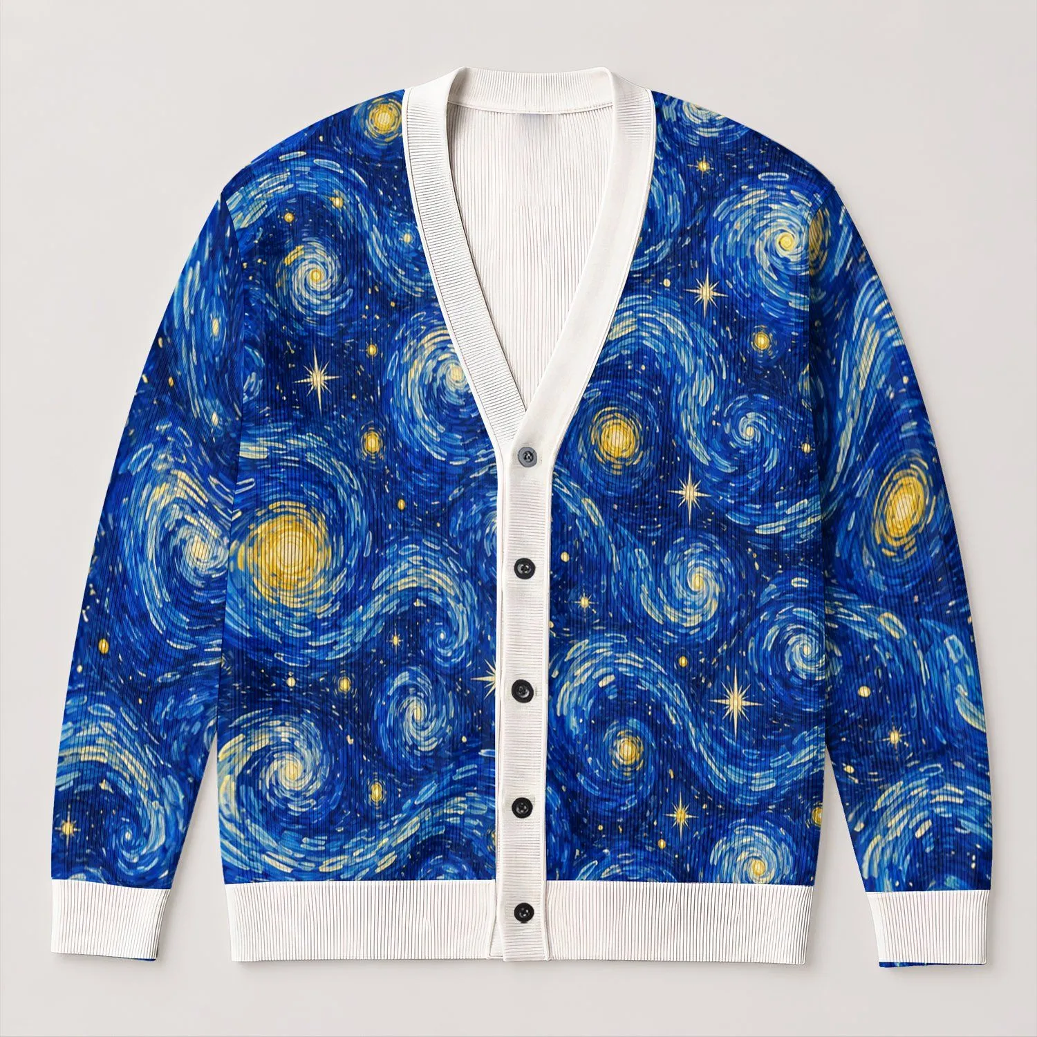Cobalt Midnight Whirlwind And Golden Stars For Relaxed Everyday Layering Style All-over Print Knitted Cardigan - 1