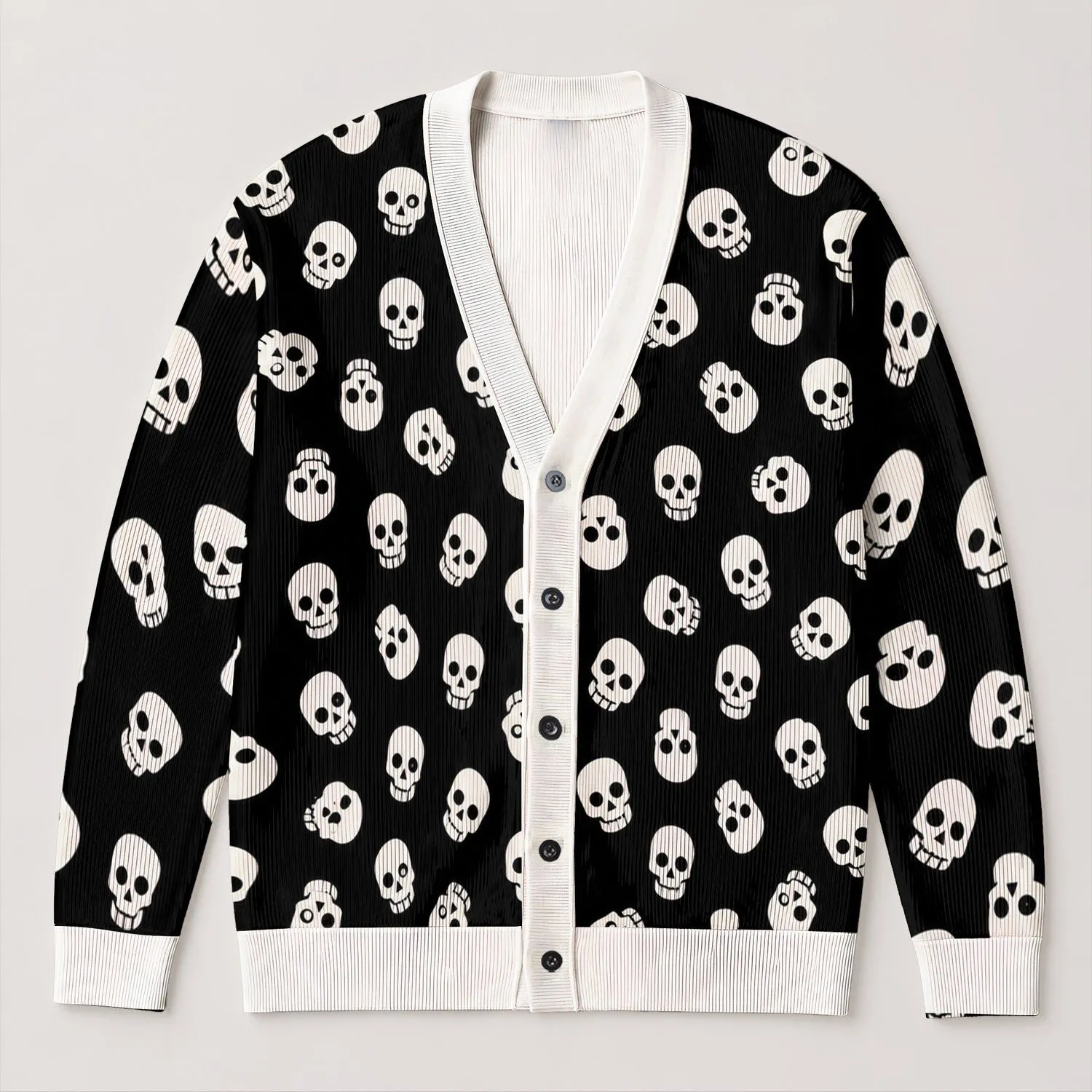 Monochrome Skull Motif for Edgy Casual Layering and Alternative Streetwear Style All-over Print Knitted Cardigan - 1