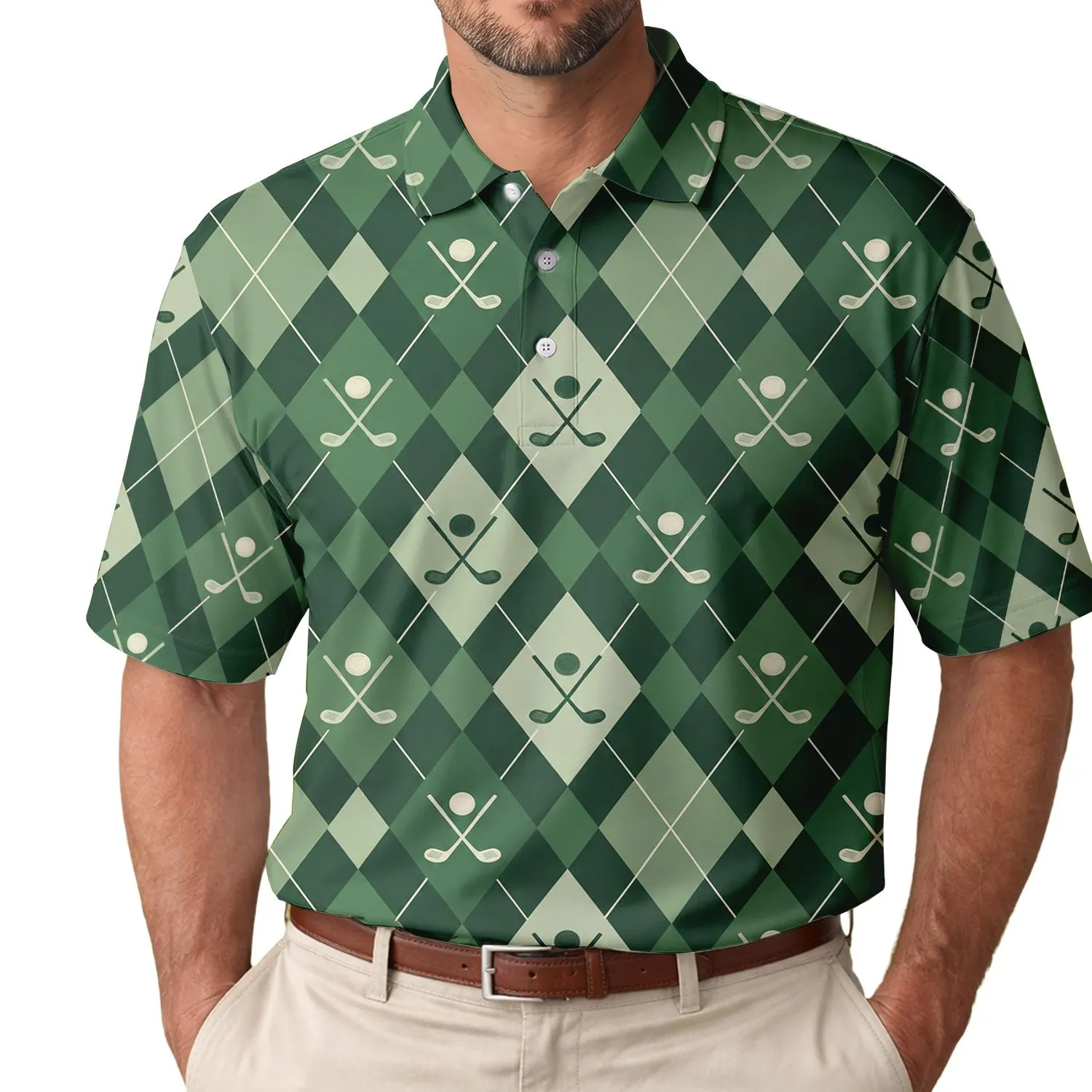 Green Argyle Golf Club Motifs for Relaxed Country Club Weekends and Fairway Lovers Men's Polo Shirt - 1