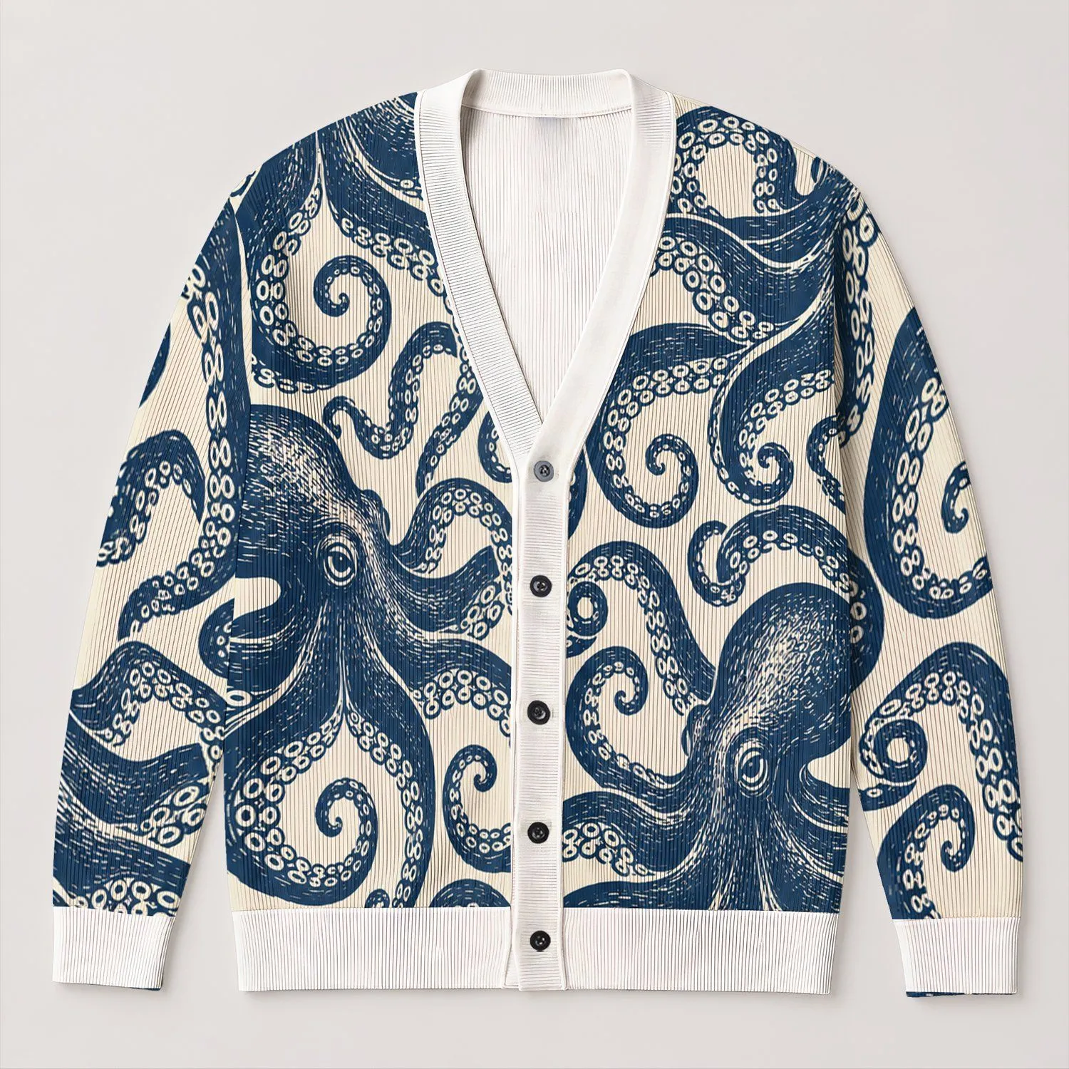 Navy Blue Octopus Tentacles for Relaxed Coastal Everyday Layering and Ocean-Inspired Style All-over Print Knitted Cardigan - 1