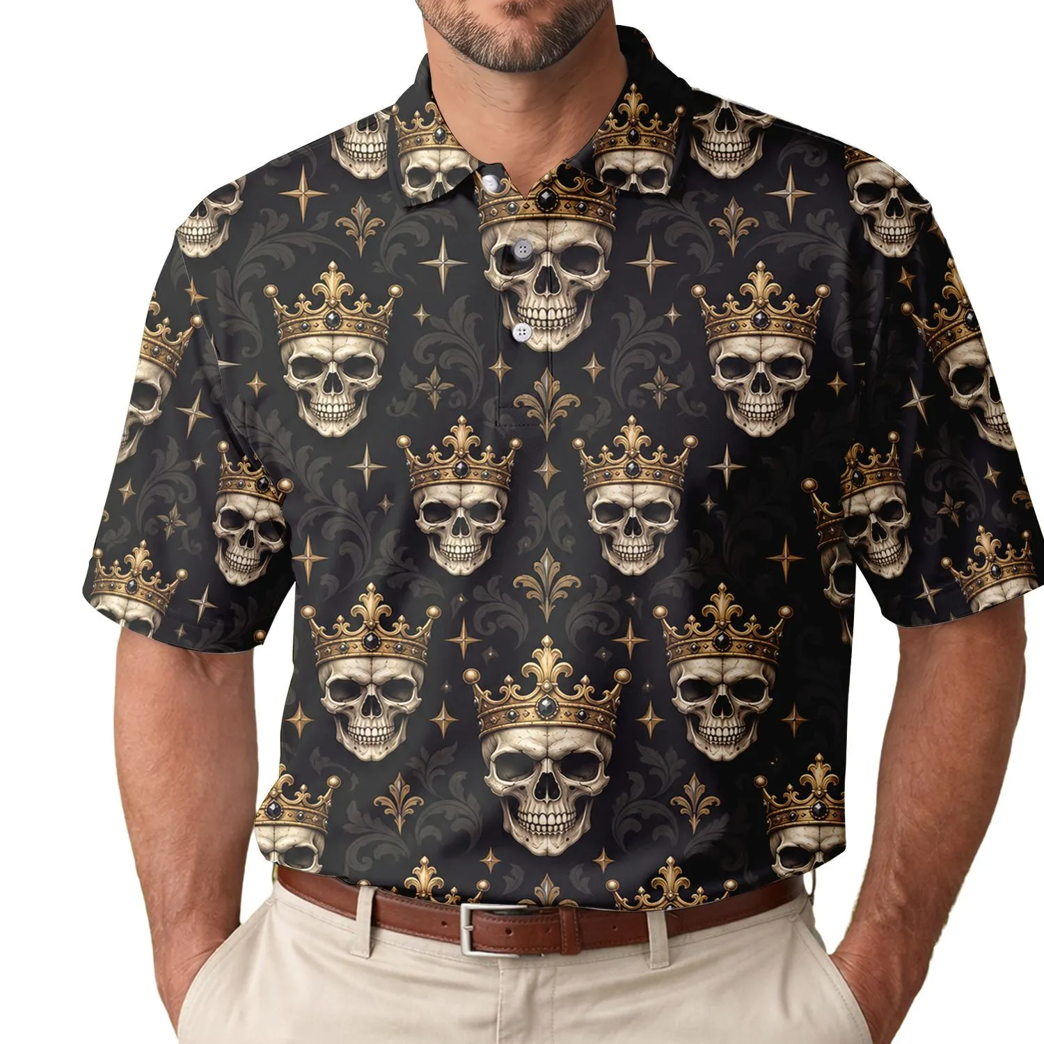 Crowned Skull Royal Motif For Rocker Streetwear, Game Day Energy, And Bold Nightlife Style Men's Polo Shirt - 1