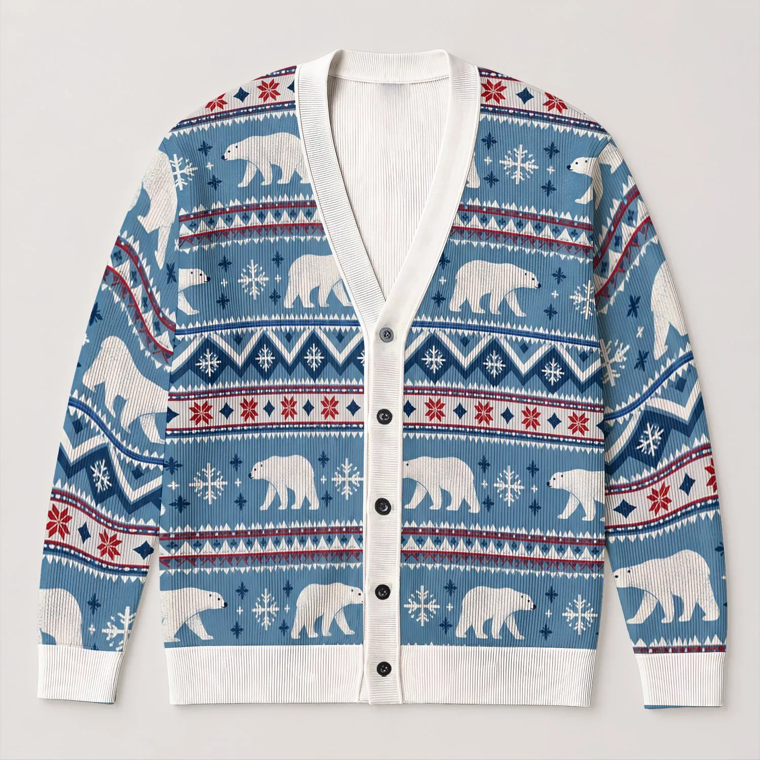 Polar Bear Winter Motifs For Cozy Holiday Layering, Men's Casual Nordic Style Gift All-over Print Knitted Cardigan - 1