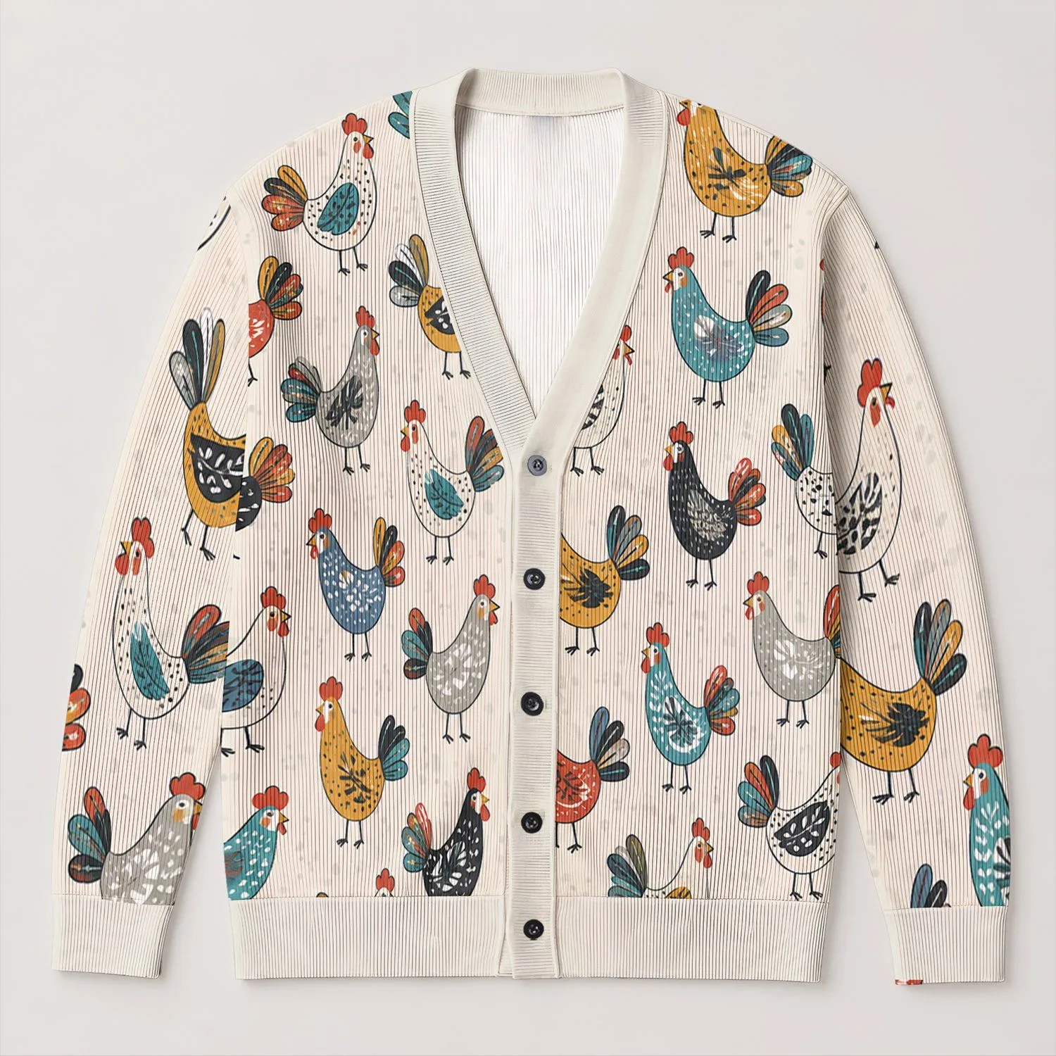 Colorful Folk Chickens for Casual Farmhouse Layering and Everyday Country Lifestyle All-over Print Knitted Cardigan - 1
