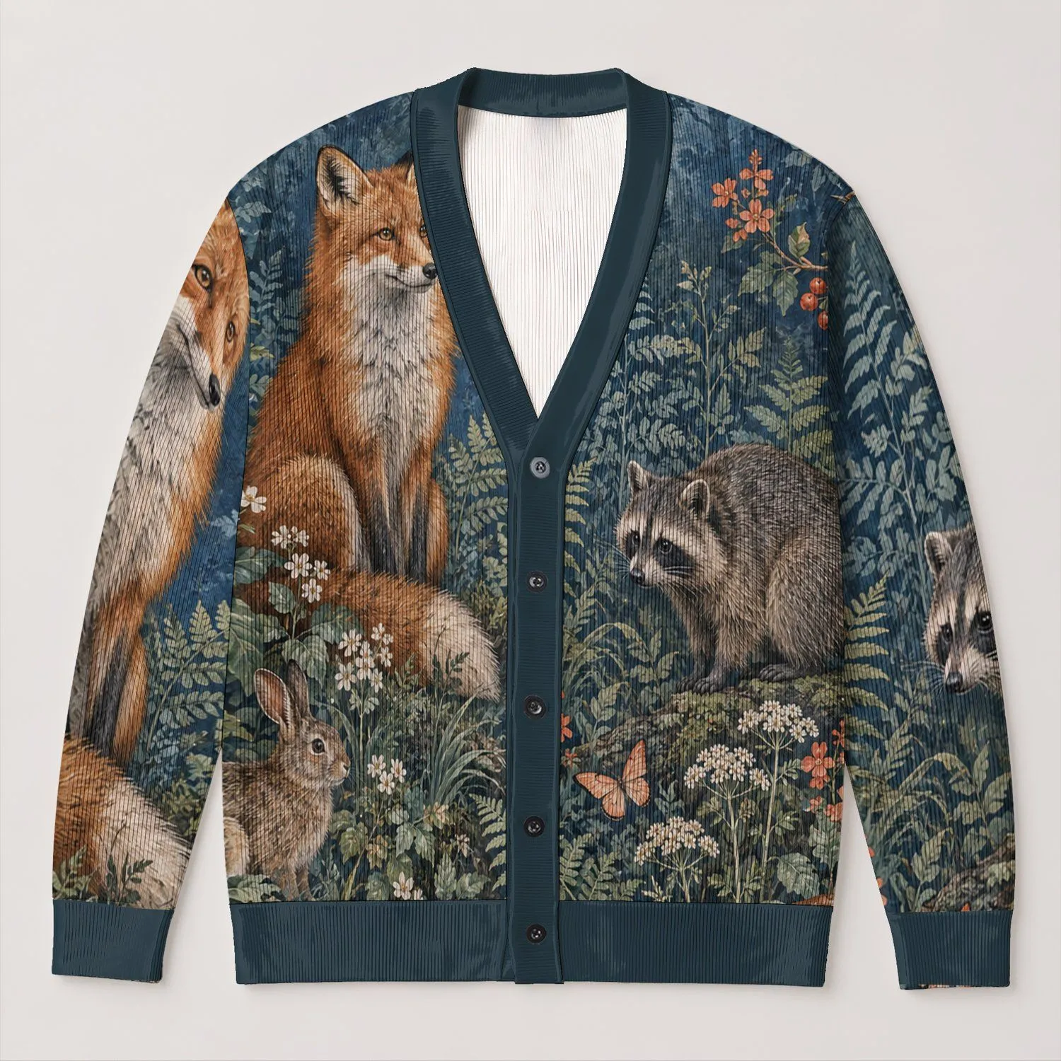 Woodland Fox and Forest Friends for Cozy Everyday Layering, Youthful Nature Style All-over Print Knitted Cardigan - 1