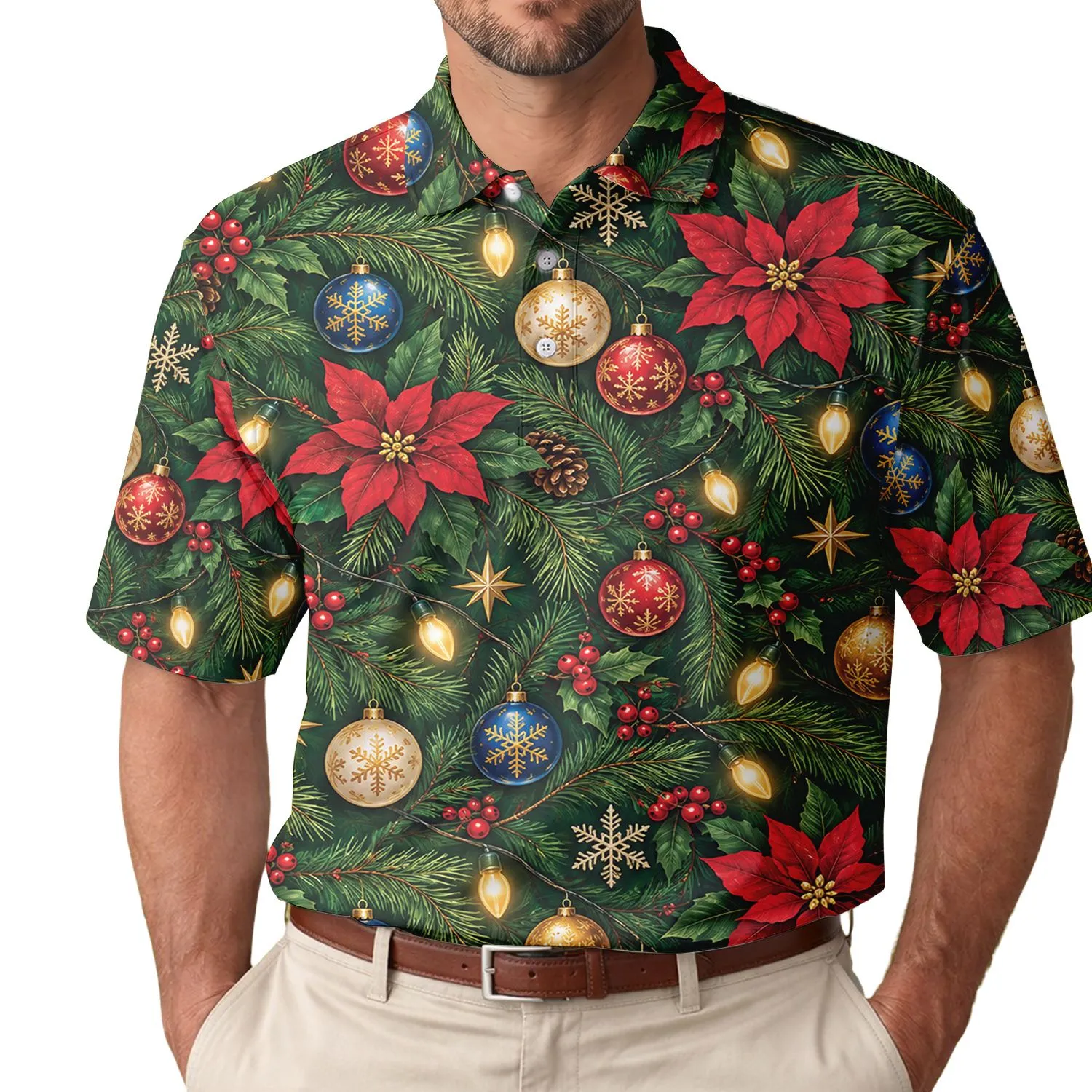 Festive Evergreen Lights and Ornaments for Christmas Parties and Family Gatherings Men's Polo Shirt - 1