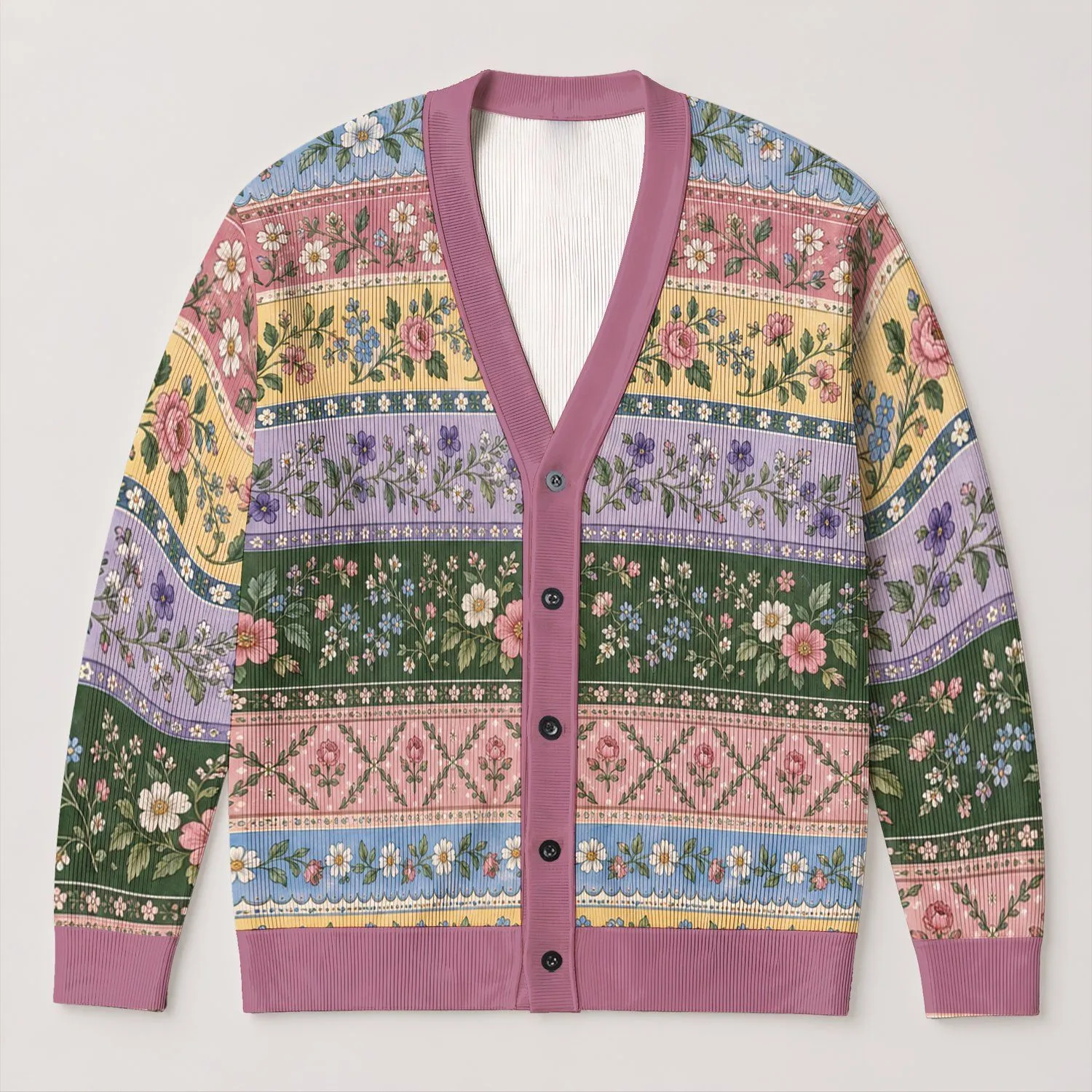 Pastel Floral Stripes for Everyday Autumn Layering and Cottagecore Women's Wardrobes All-over Print Knitted Cardigan - 1