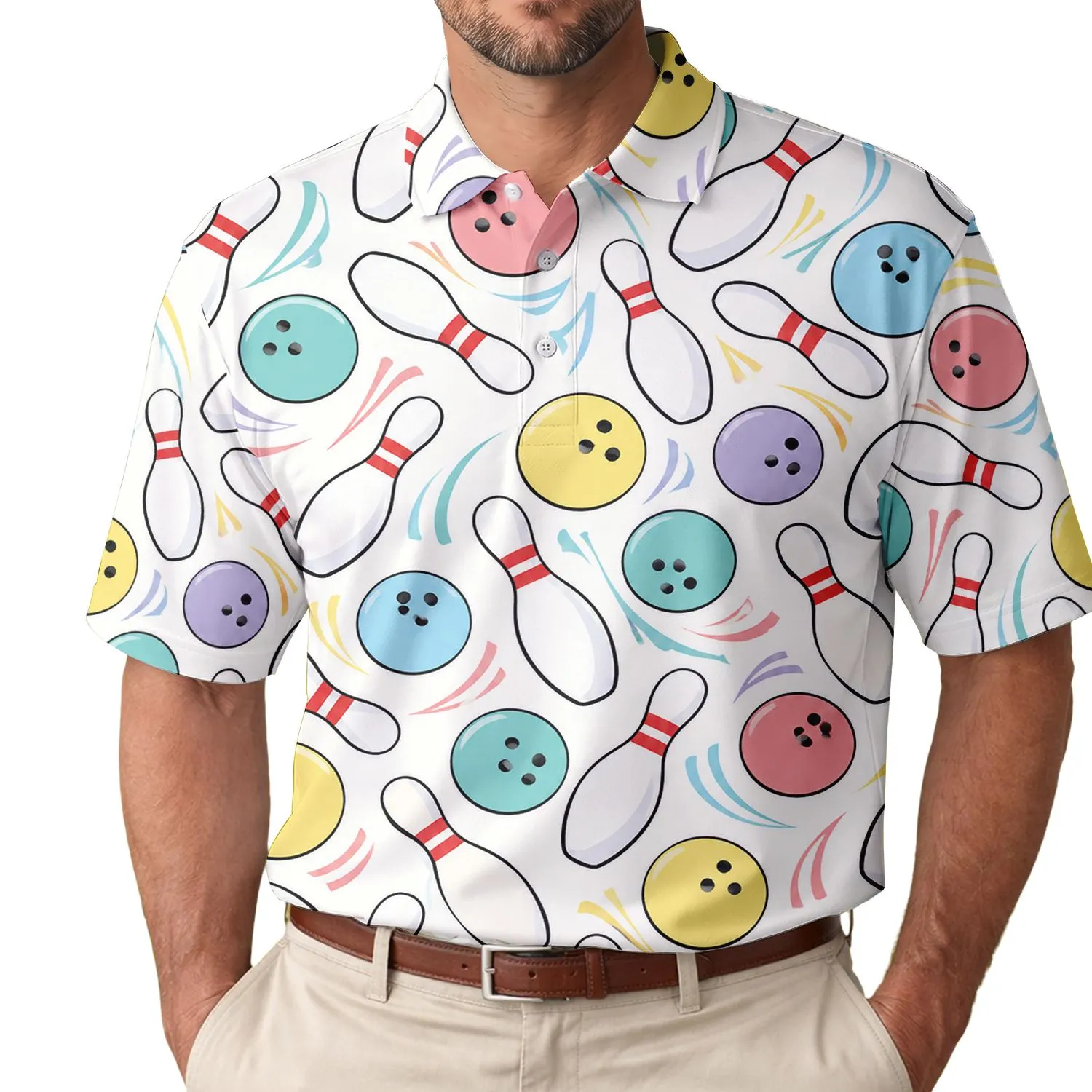 Colorful Bowling Pins And Balls For League Night Team Events And Gifts For Bowling Fans Men's Polo Shirt - 1