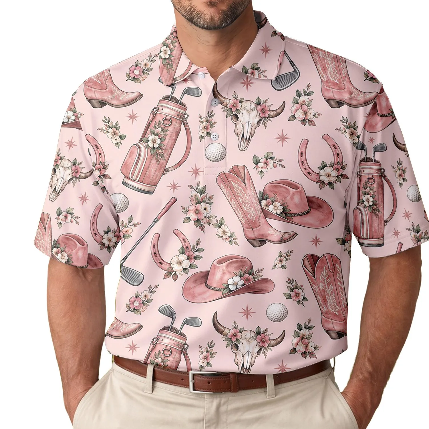 Pink Western Cowgirl Golf Icons for Rodeo Days and Country Club Style for Women Men's Polo Shirt - 1