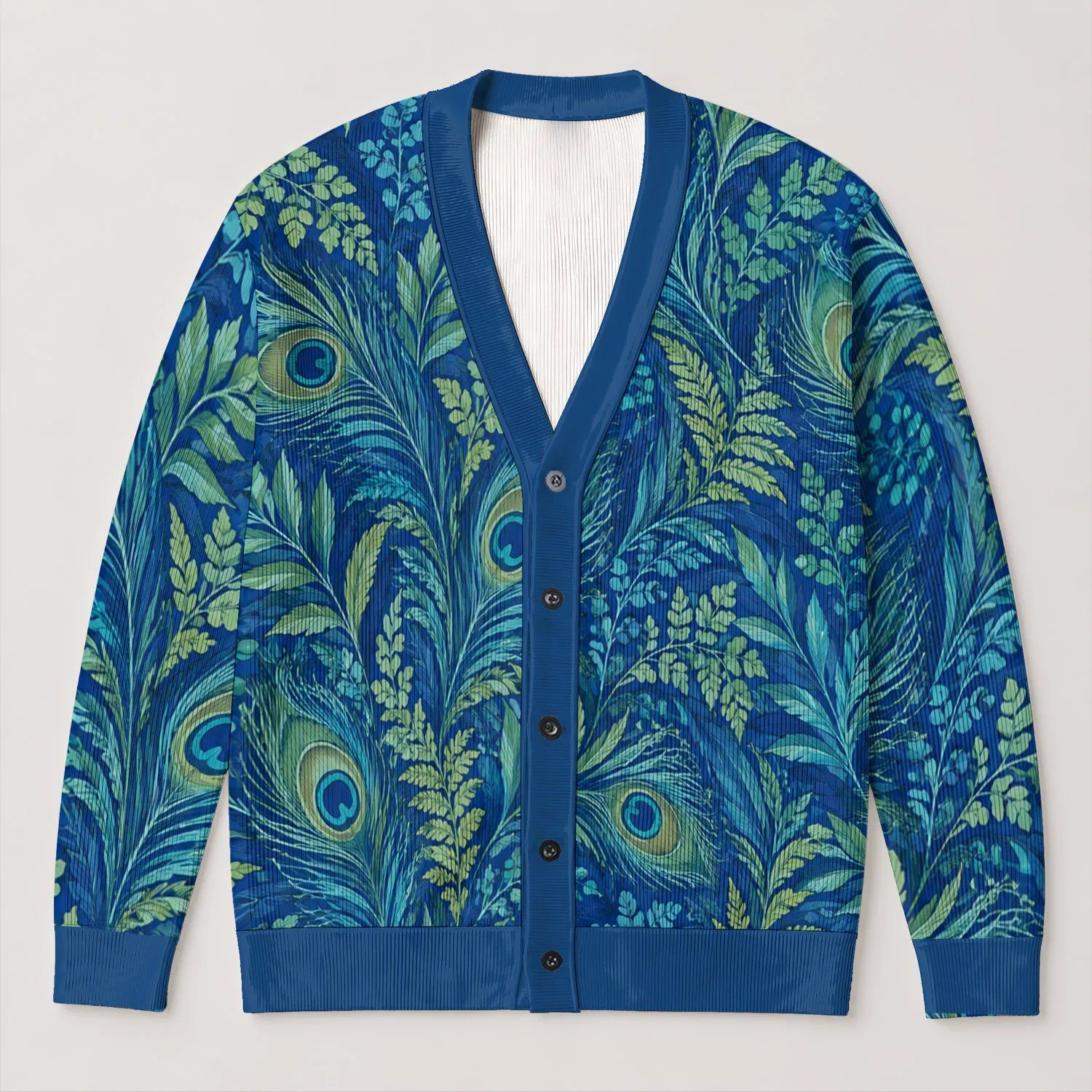 Blue Peacock Feather Botanical Foliage for Elegant Fall Layering and Everyday Style All-over Print Knitted Cardigan - 1