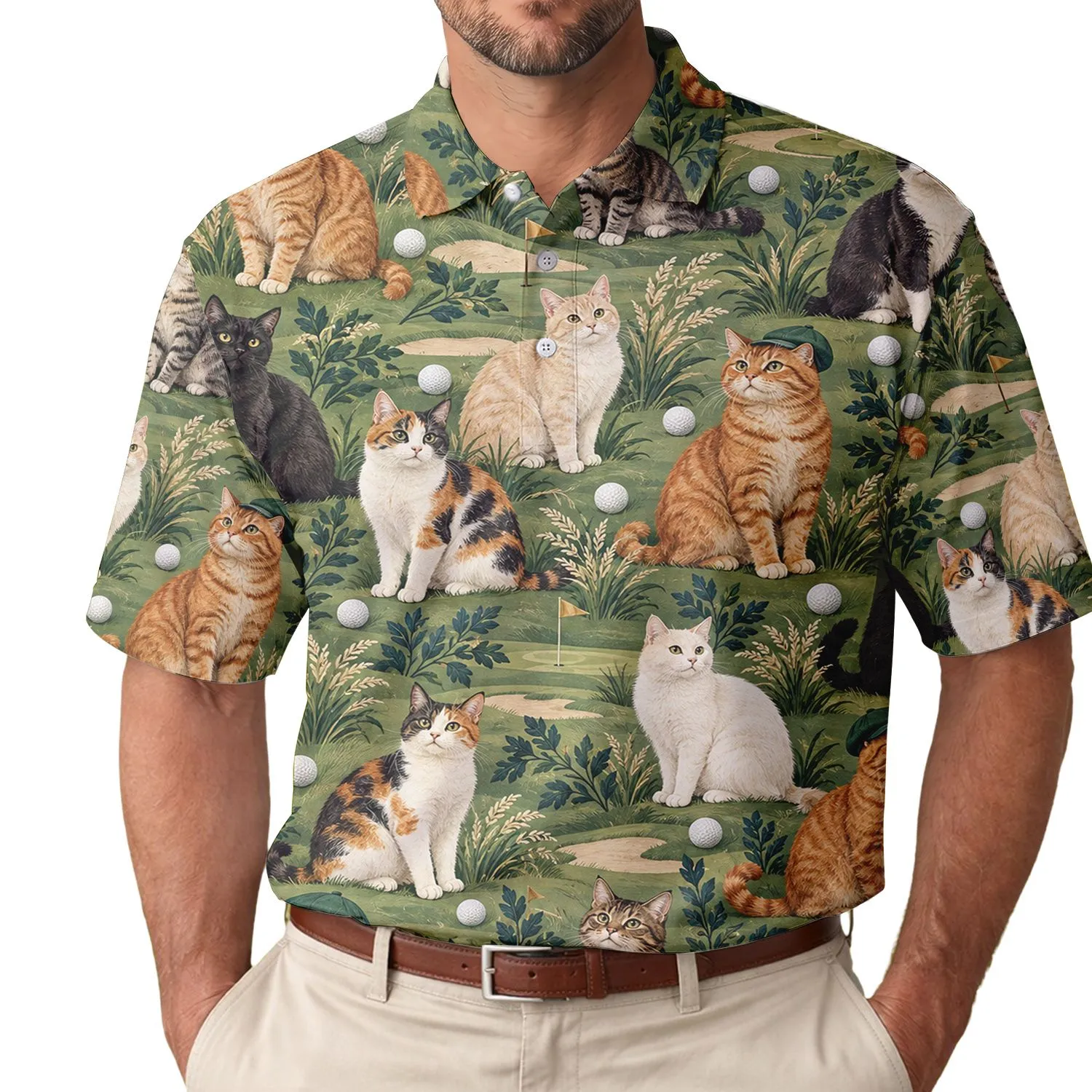 Tabby Cats and Golf Balls for Playful Fairway Style, Weekend Golfers and Cat Lovers Men's Polo Shirt - 1
