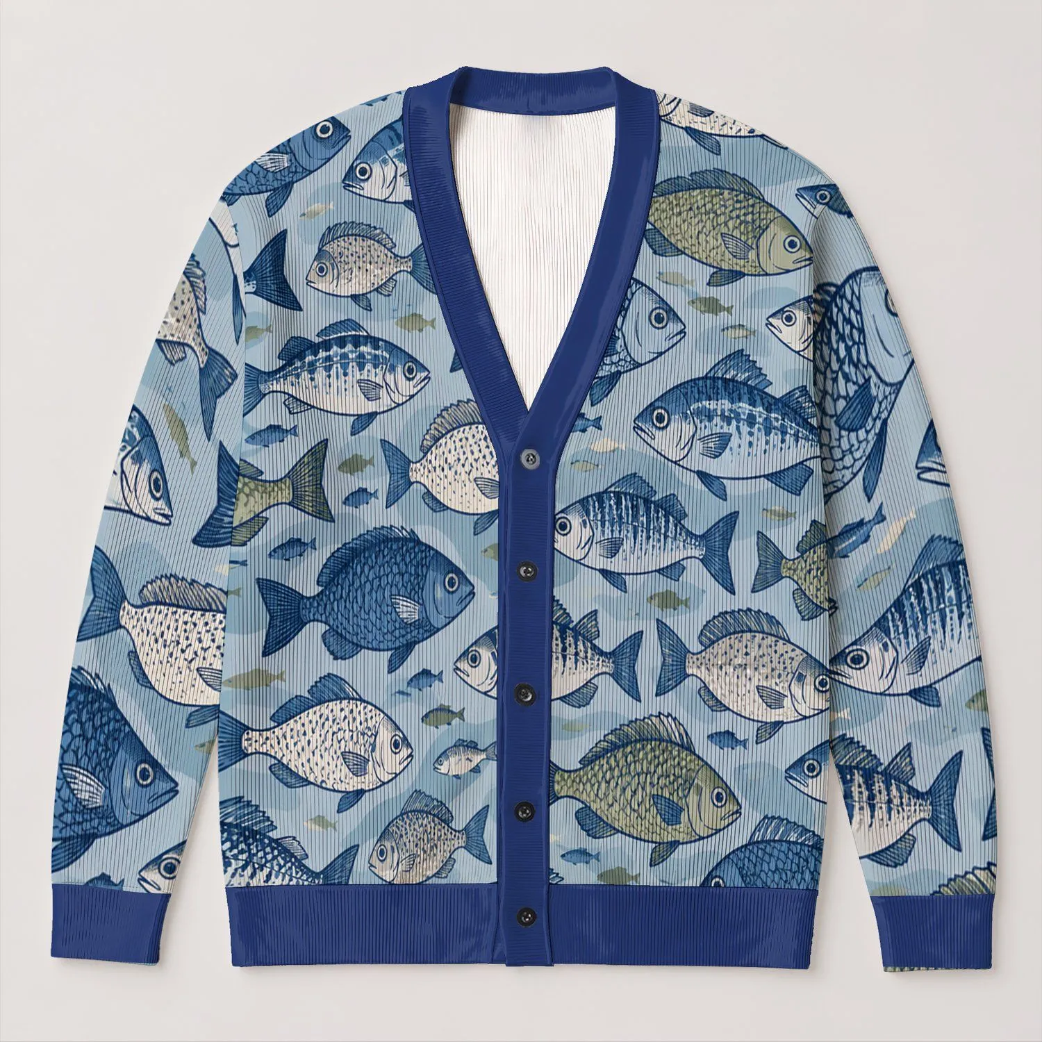 Blue Ocean Fish Motifs for Relaxed Coastal Layering and Everyday Women's Wardrobe All-over Print Knitted Cardigan - 1