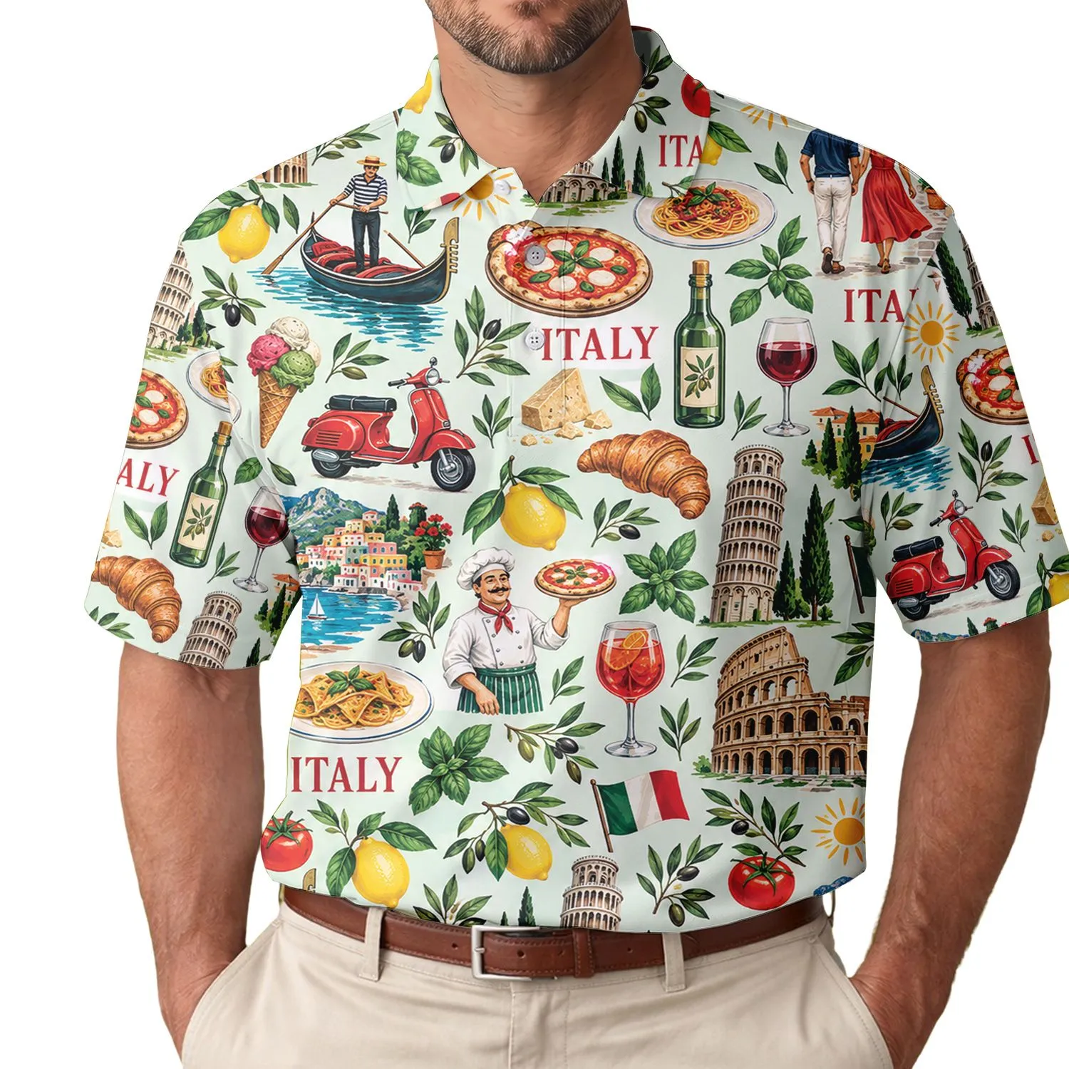 Italian Food, Landmark And Travel Icons For European Vacation Style, Men's Holiday Wear Men's Polo Shirt - 1