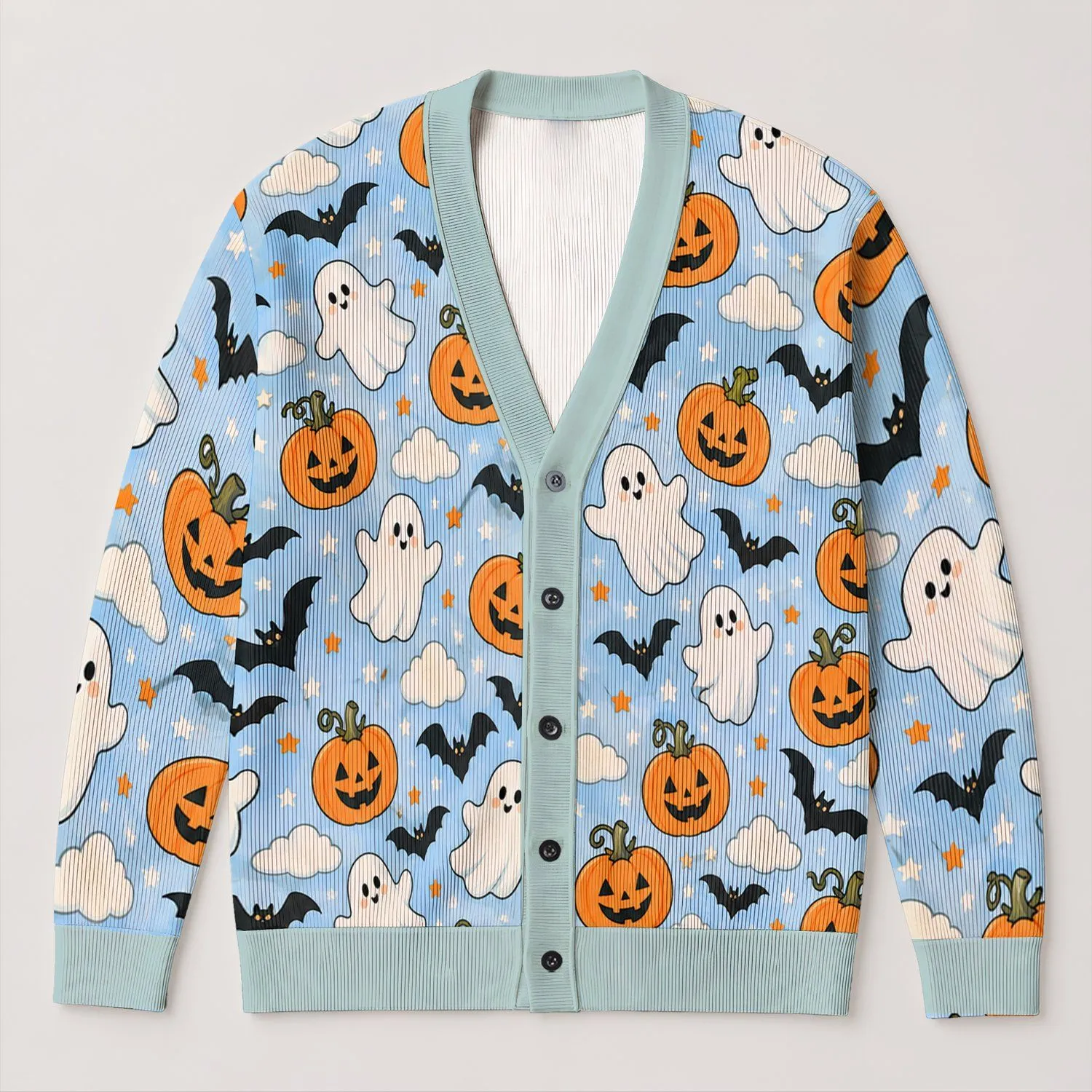 Halloween Pumpkins Ghosts And Bats For Cozy Autumn Layering Women's Seasonal Style All-over Print Knitted Cardigan - 1