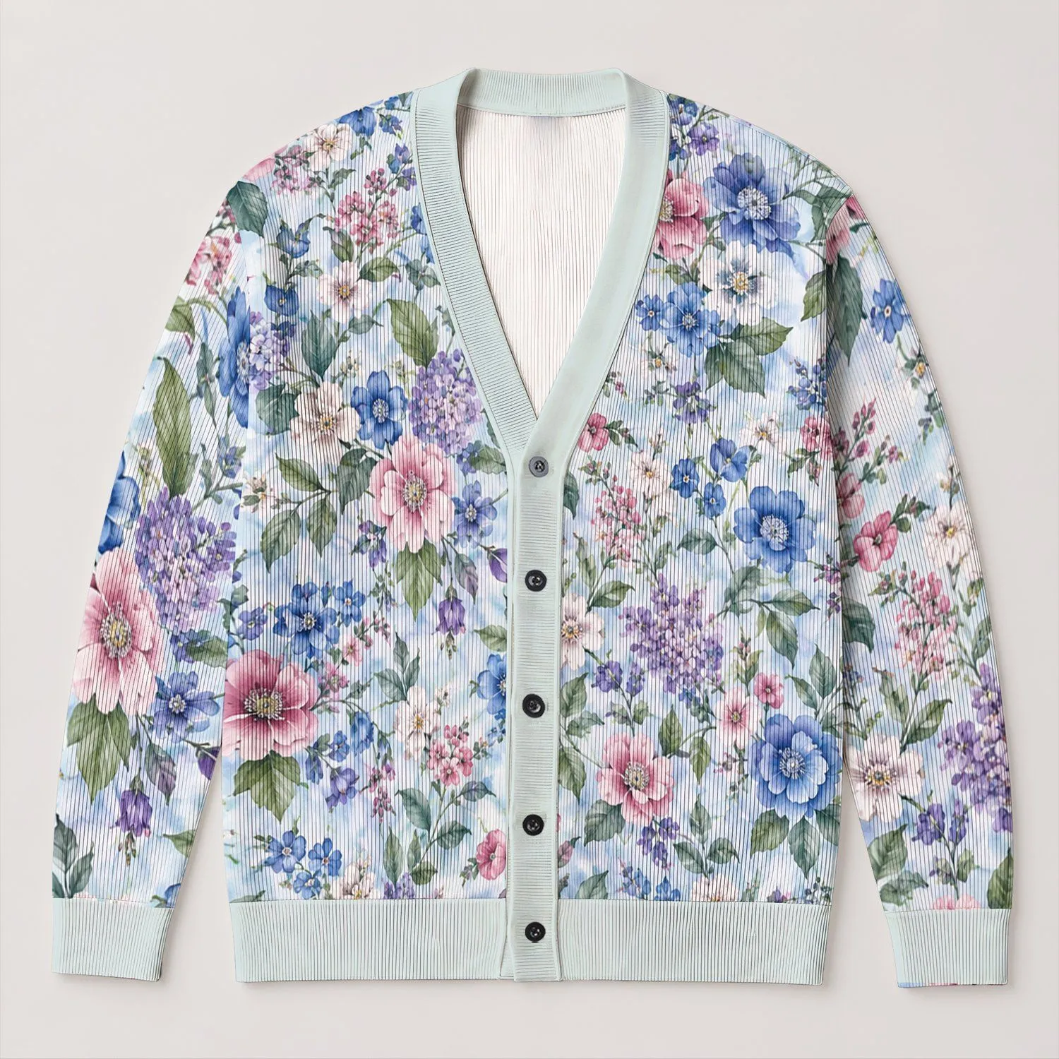 Blue Pink Botanical Florals For Everyday Layering And Cottagecore Women’s Wardrobes All-over Print Knitted Cardigan - 1