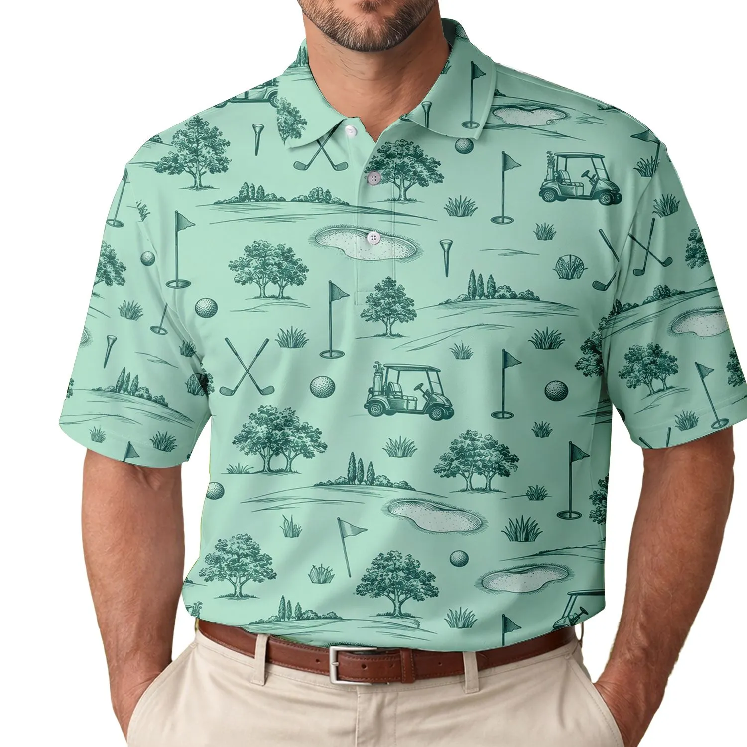 Mint Green Golf Course Icons for Relaxed Fairway Days, Unisex Country Club Style Men's Polo Shirt - 1