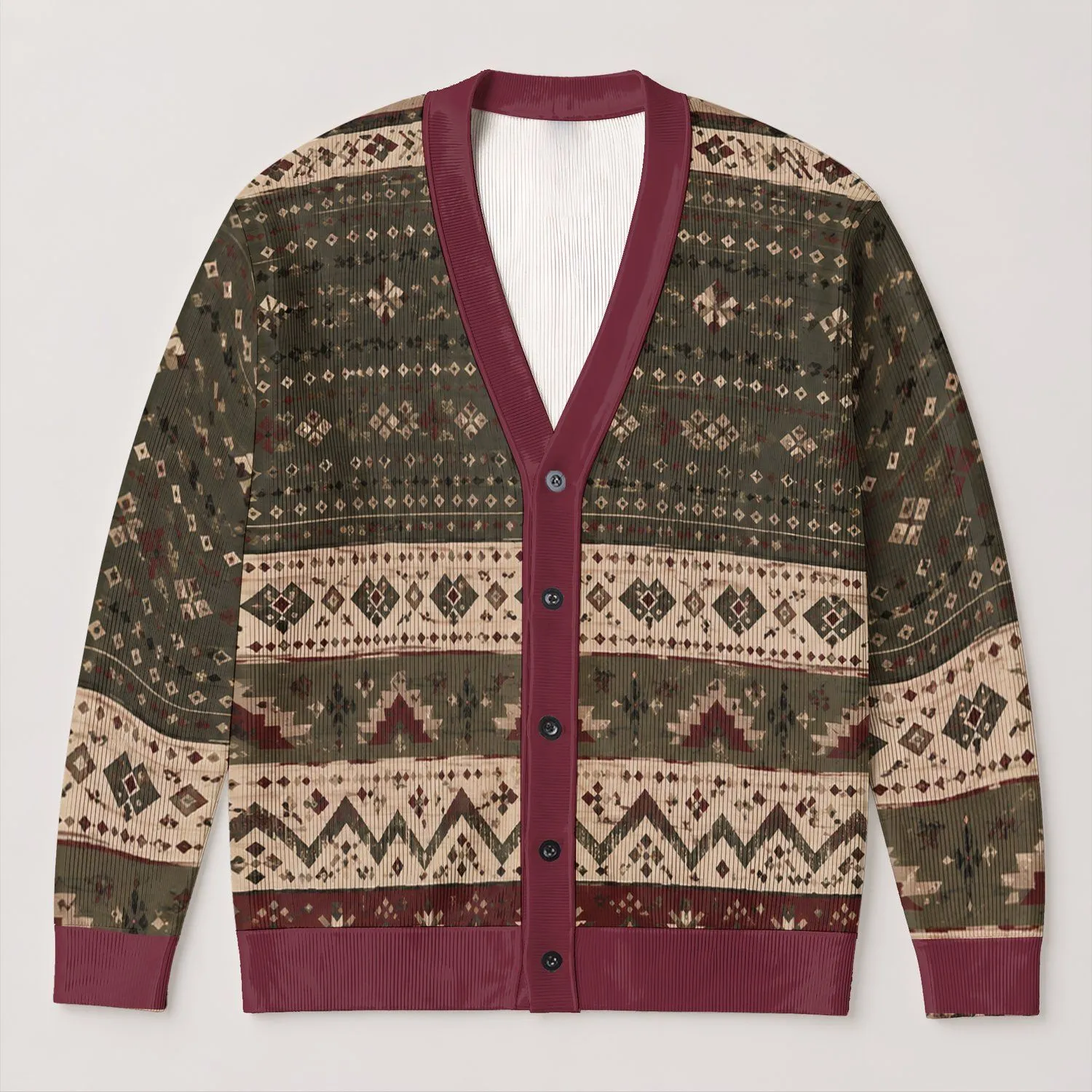Burgundy Charcoal Vintage Geometric Layers For Casual Office And Relaxed Weekend Wear All-over Print Knitted Cardigan - 1