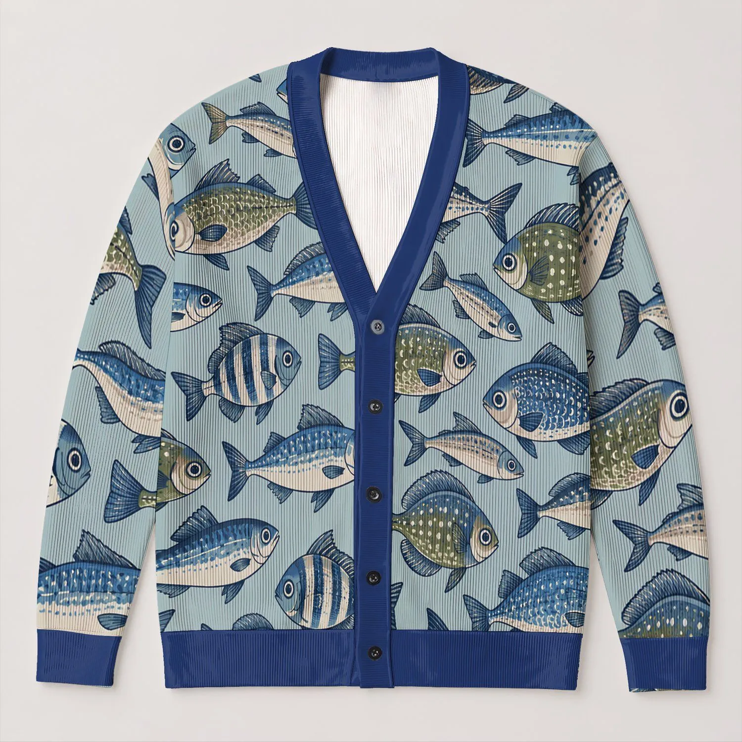 Blue Fish Motif For Relaxed Coastal Layering And Everyday Seaside Style For Women All-over Print Knitted Cardigan - 1