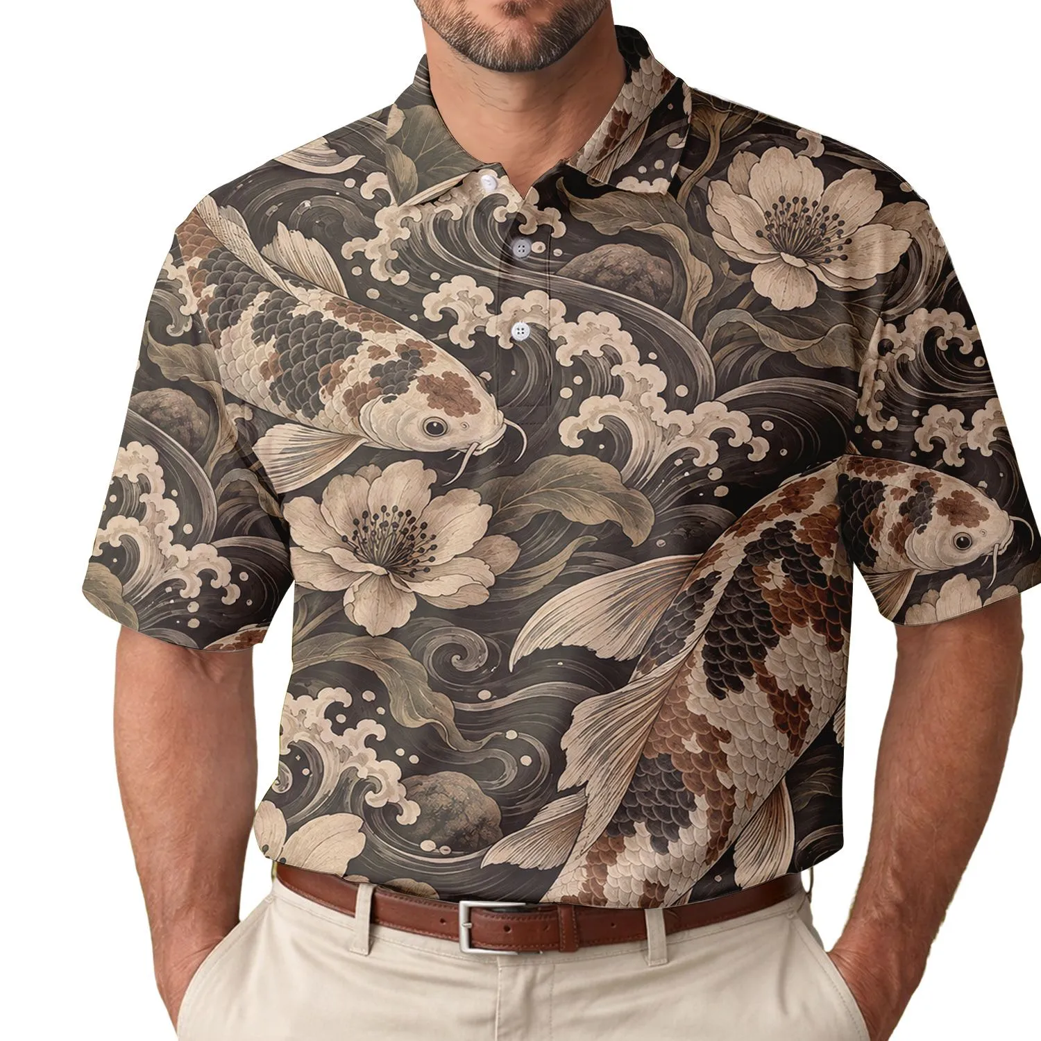 Koi Fish Cherry Blossom Waves for Japanese Streetwear and Fishkeeping Enthusiasts Men's Polo Shirt - 1