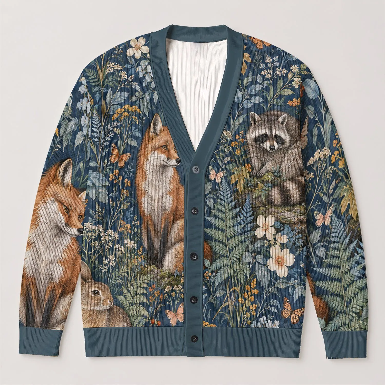 Woodland Fox Rabbit and Butterfly Nature Scene for Cozy Everyday Layering Outdoors All-over Print Knitted Cardigan - 1