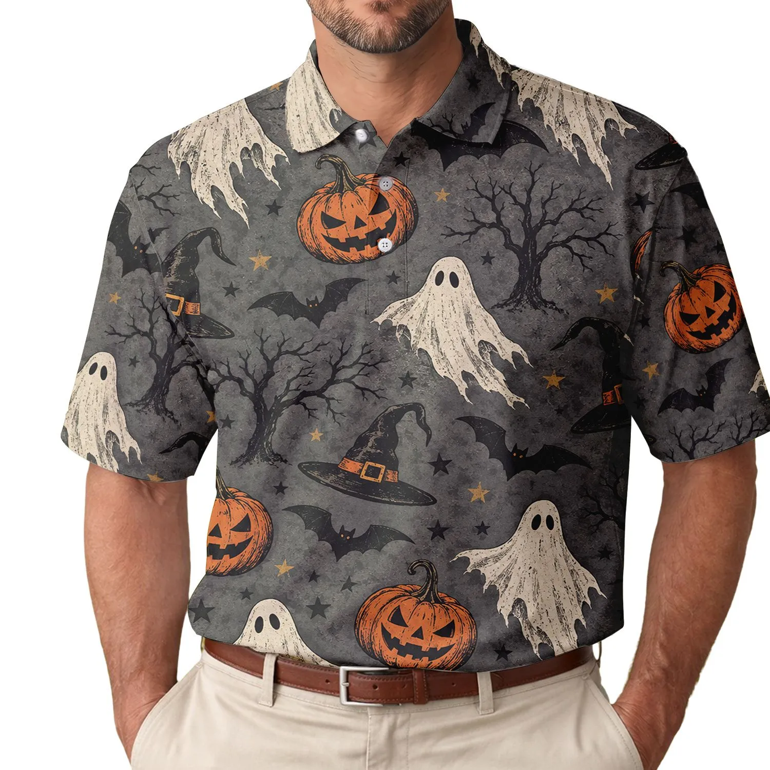 Halloween Pumpkin Ghost Bat Witch Hat Gothic Party Gift for Men, Golf Fans, and Adults Men's Polo Shirt - 1