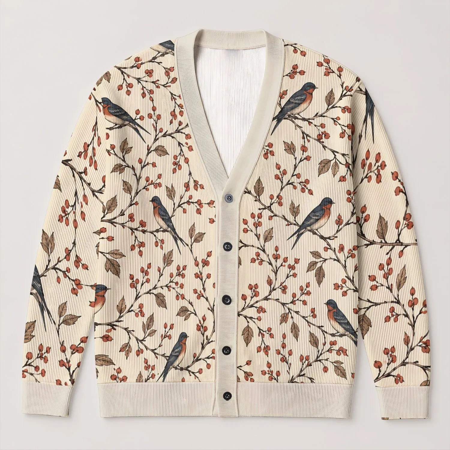 Hand Drawn Swallows and Bare Branches for Cozy Autumn Layering Women's Everyday Style All-over Print Knitted Cardigan - 1