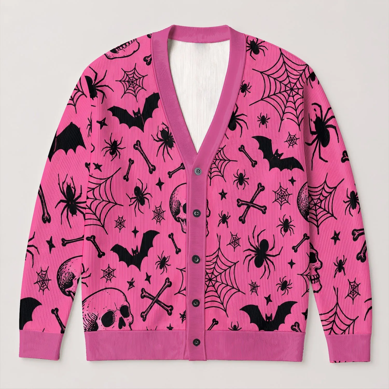 Pink Skull and Spider Web Motifs for Halloween Parties and Cozy Autumn Layering All-over Print Knitted Cardigan - 1