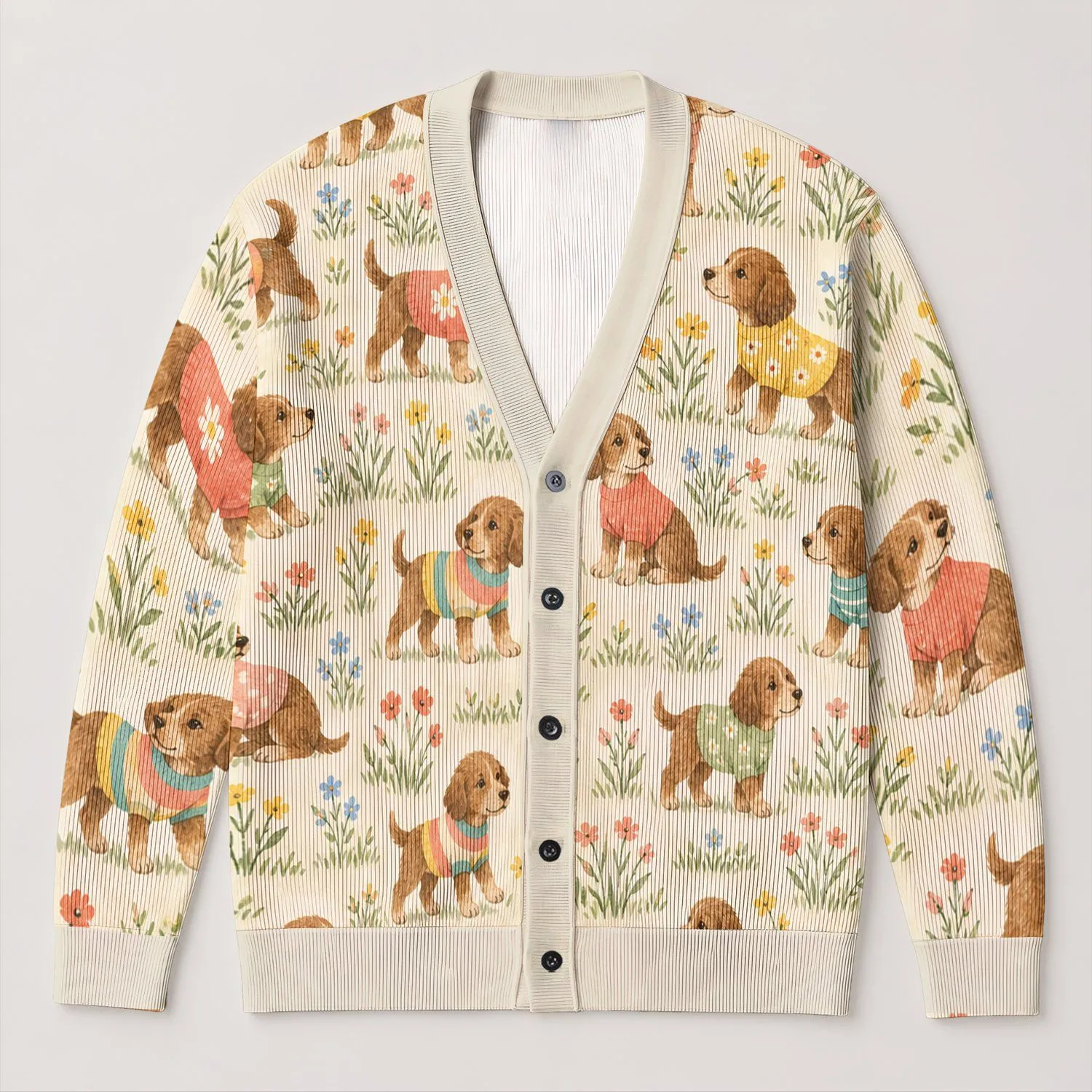 Dress-Up Puppy Dogs in Colorful Sweaters for Cozy Casual Layering, Women’s Style All-over Print Knitted Cardigan - 1
