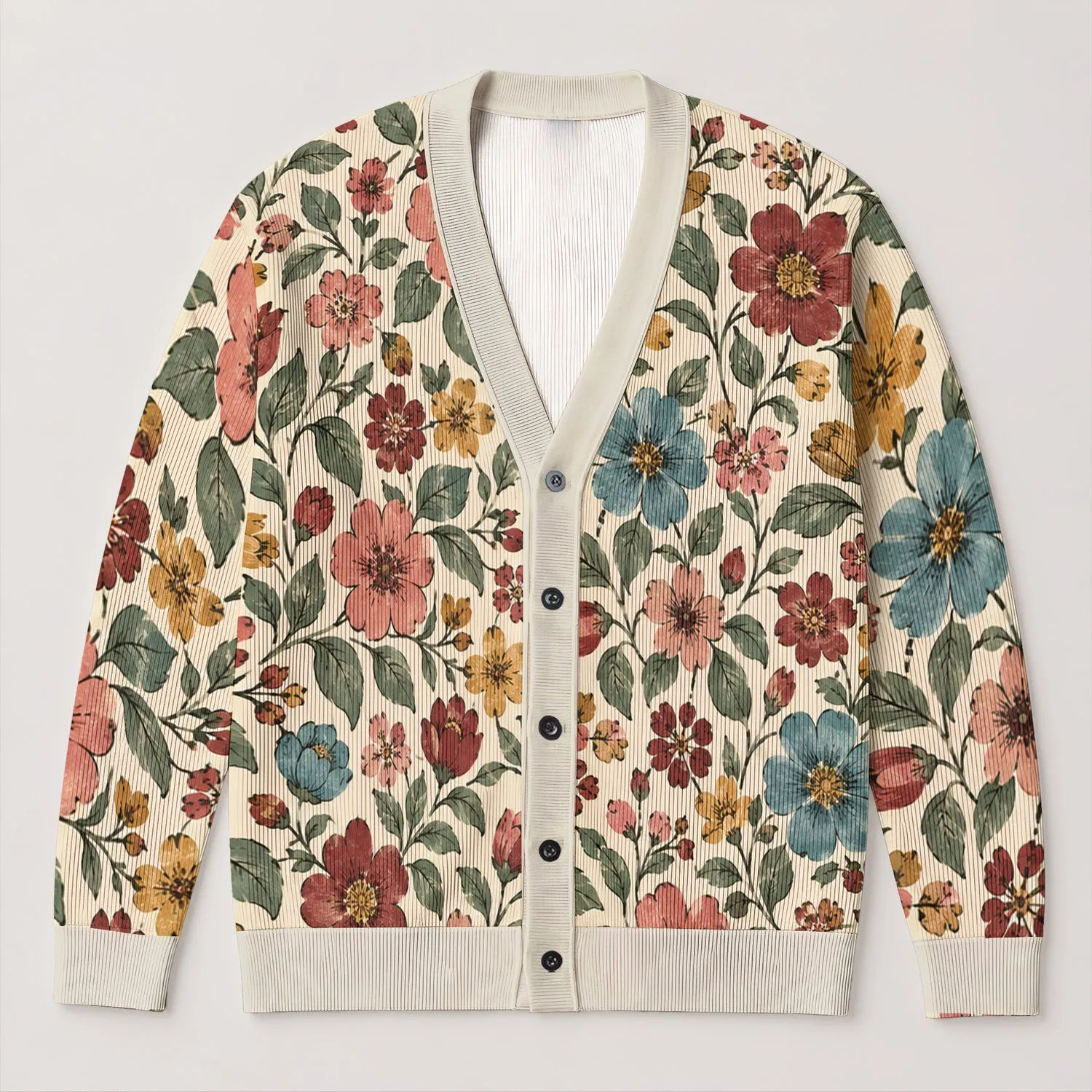 Hand-Drawn Retro Floral Blooms For Relaxed Weekend Layering And Everyday Outings All-over Print Knitted Cardigan - 1