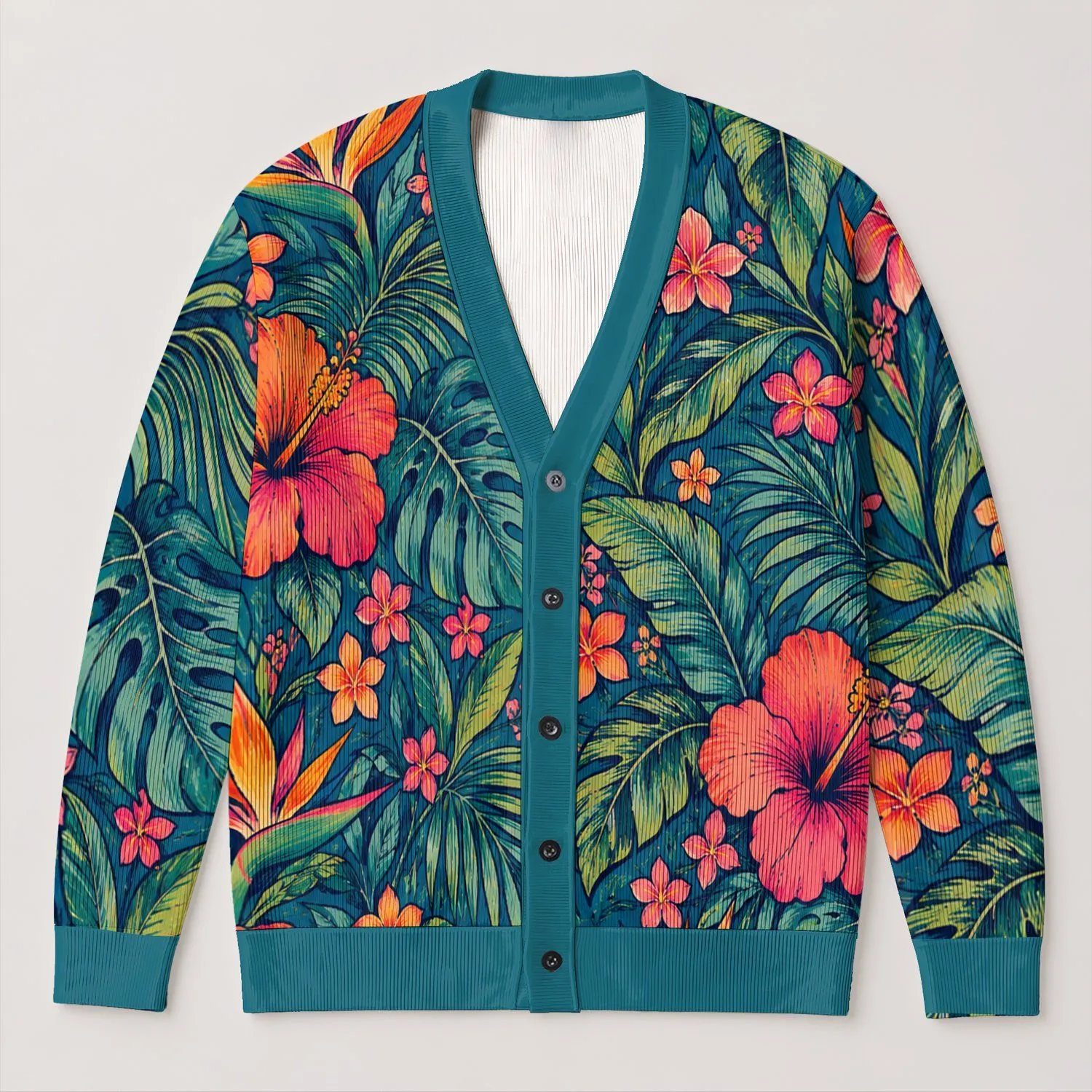 Tropical Floral Leaves in Orange and Pink for Colorful Spring-Summer Layering, Women All-over Print Knitted Cardigan - 1