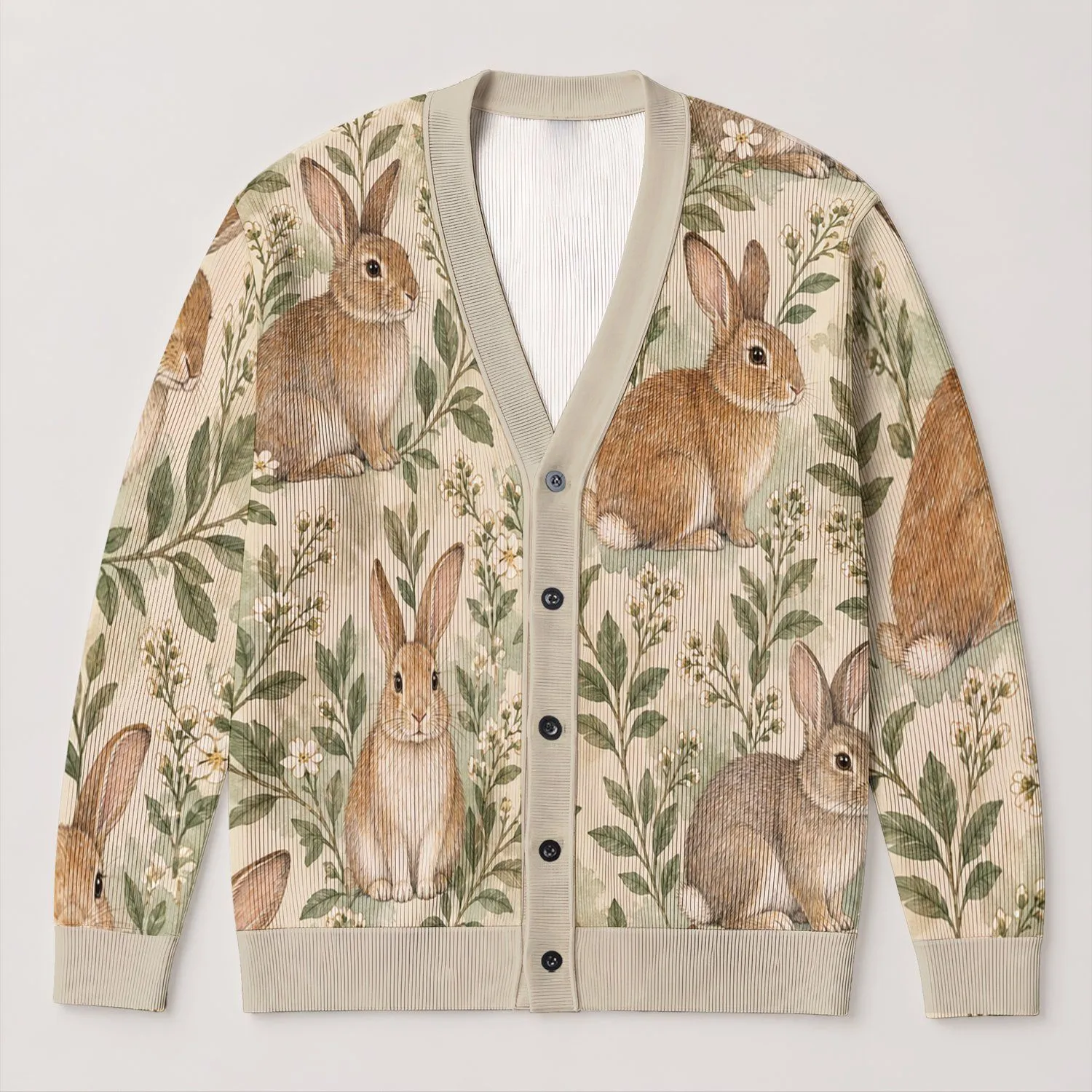 Rustic Bunny Garden Motifs for Cozy Everyday Layering and Cottagecore Weekend Style All-over Print Knitted Cardigan - 1