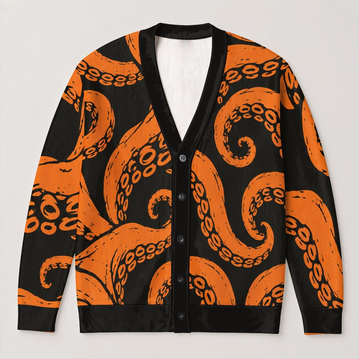 Orange Octopus Tentacles For Quirky Autumn Layering And Everyday Coastal Style Outfits All-over Print Knitted Cardigan - 1
