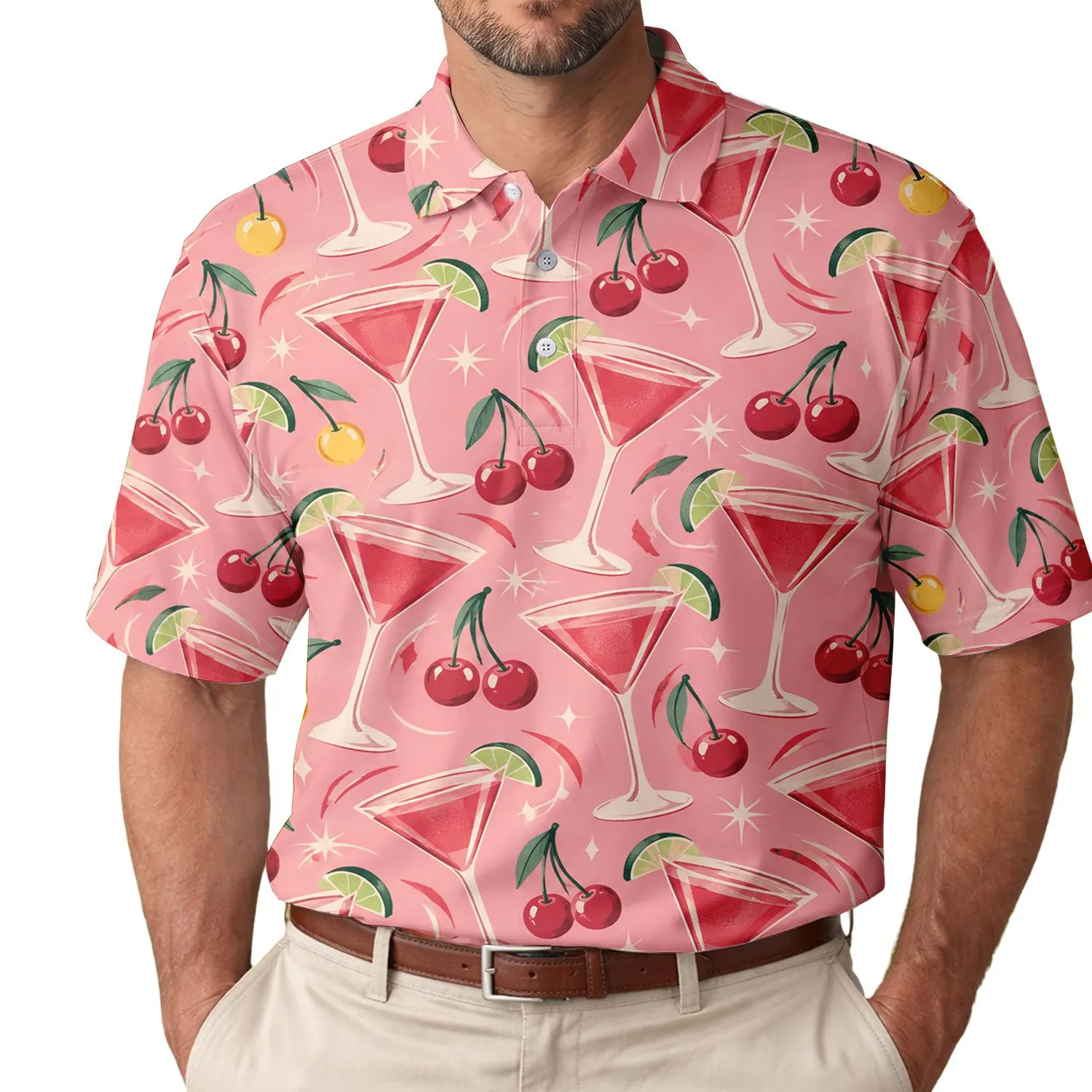 Pink Cherry Martini Cocktails for Tropical Summer Parties, Resort Getaways and Vacations Men's Polo Shirt - 1