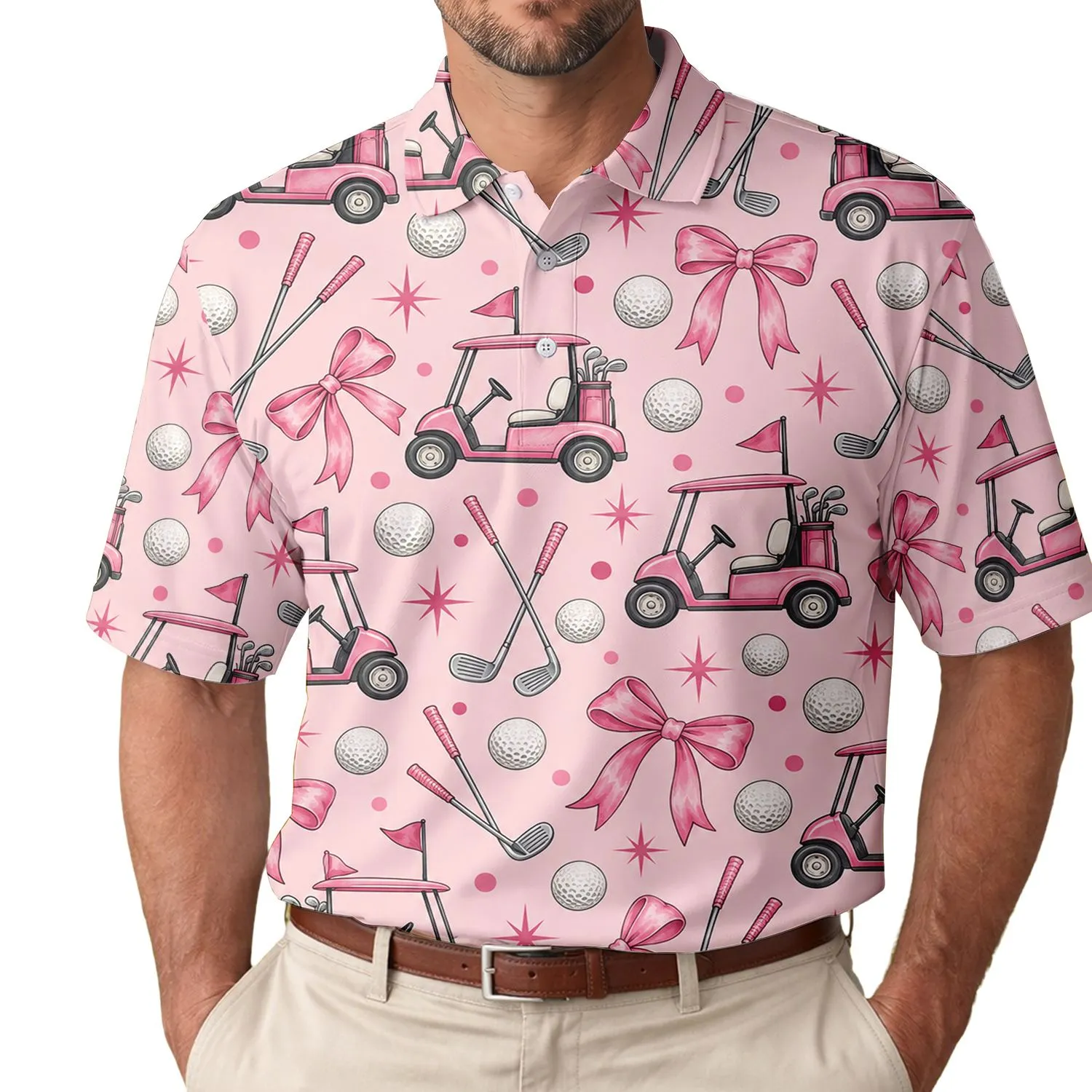 Pink Golf Cart Bows and Clubs for Weekend Rounds, Country Clubs, and Golf Friends Men's Polo Shirt - 1