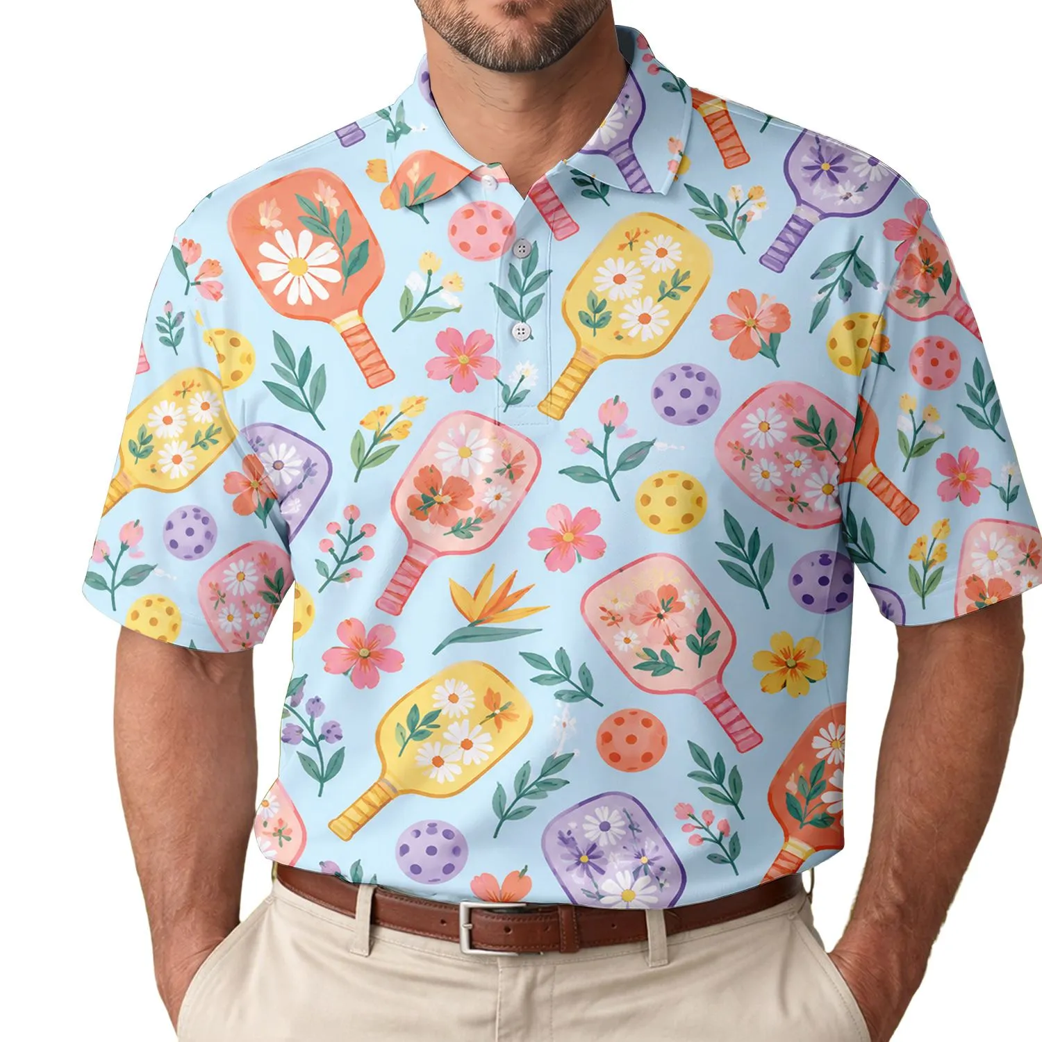 Floral Pickleball Paddles for Tennis Club Summers, Matching Team Style and Vacations Men's Polo Shirt - 1