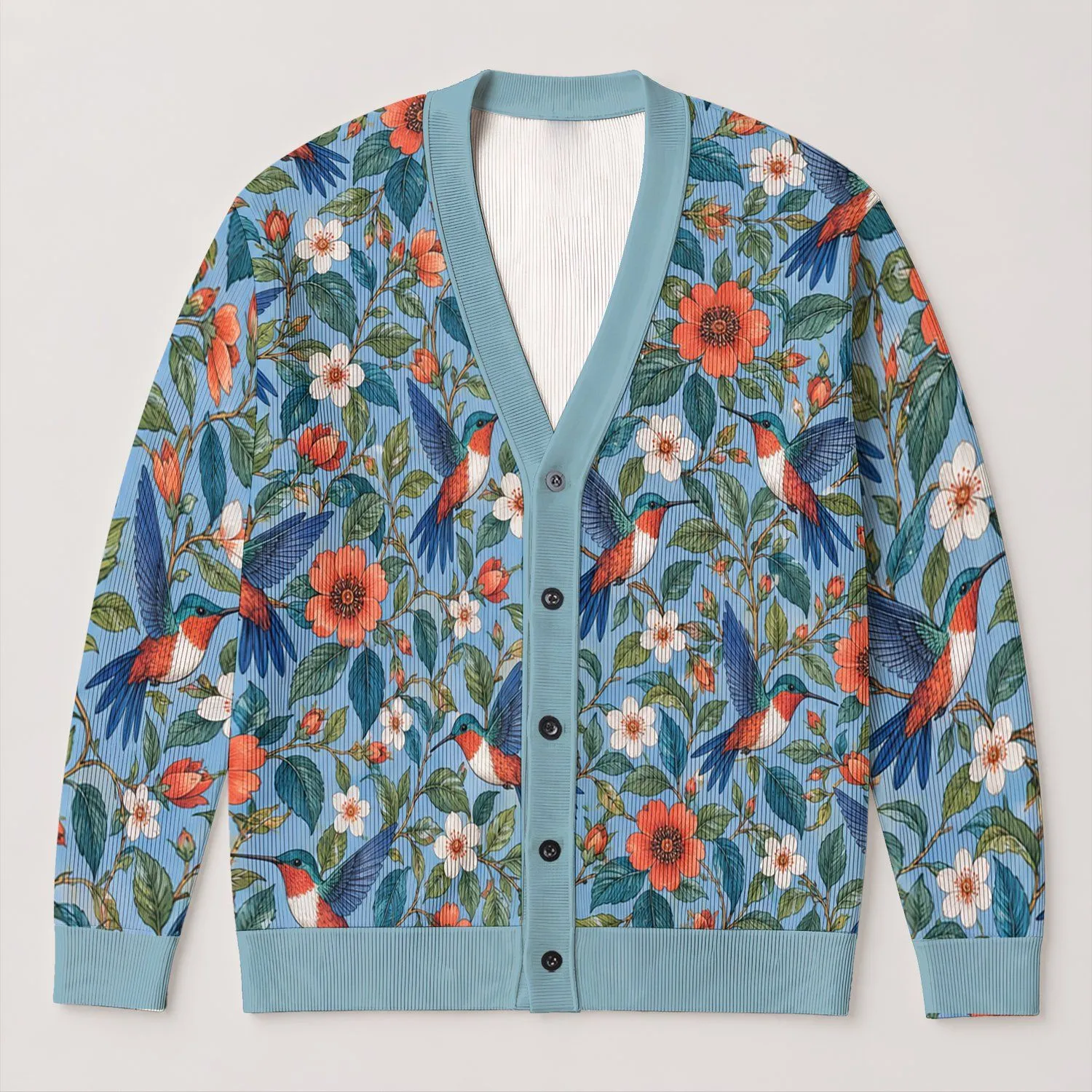 Hummingbird Floral Garden Motifs for Spring Autumn Layering and Women’s Everyday Style All-over Print Knitted Cardigan - 1