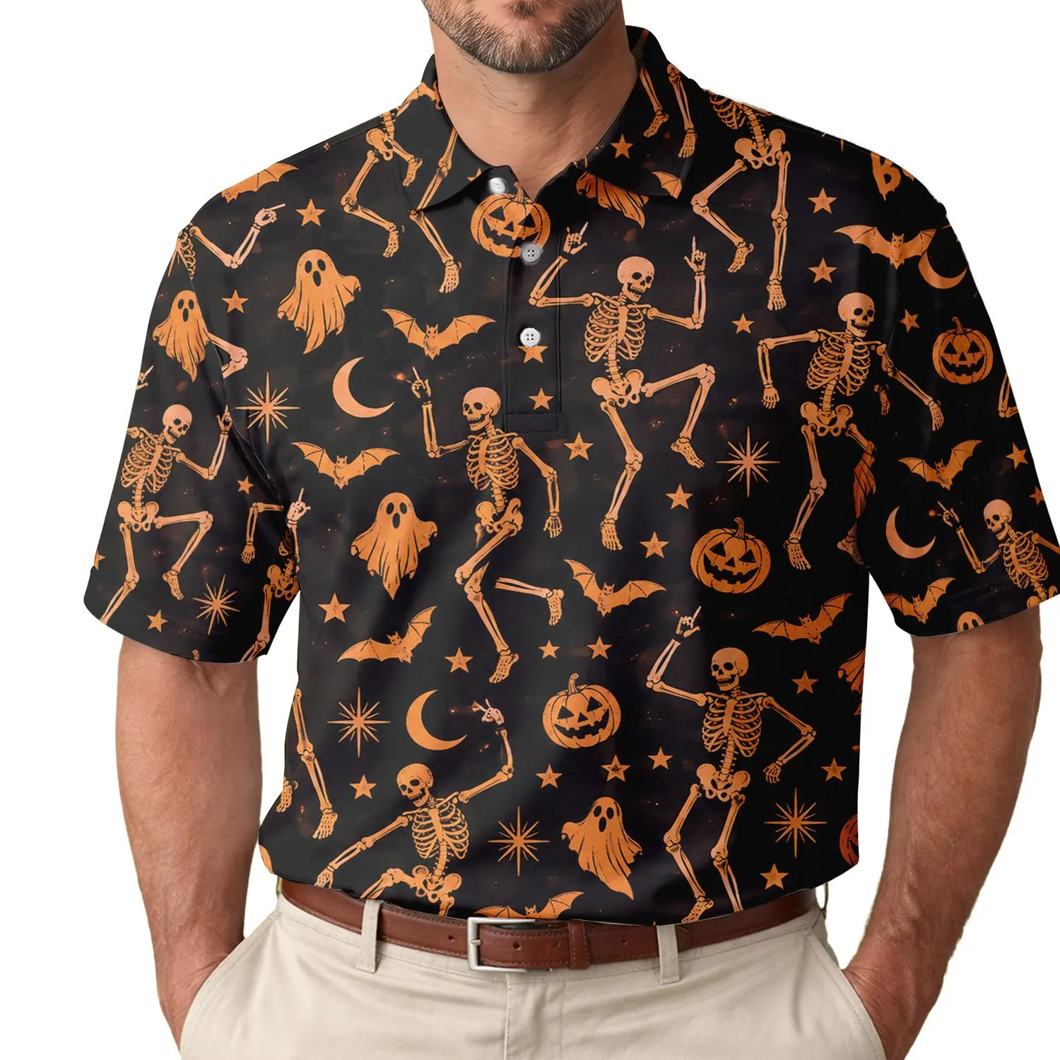 Dancing Skeletons Boo Halloween Golf Style For Men Women Spooky Autumn Party Fun Men's Polo Shirt - 1