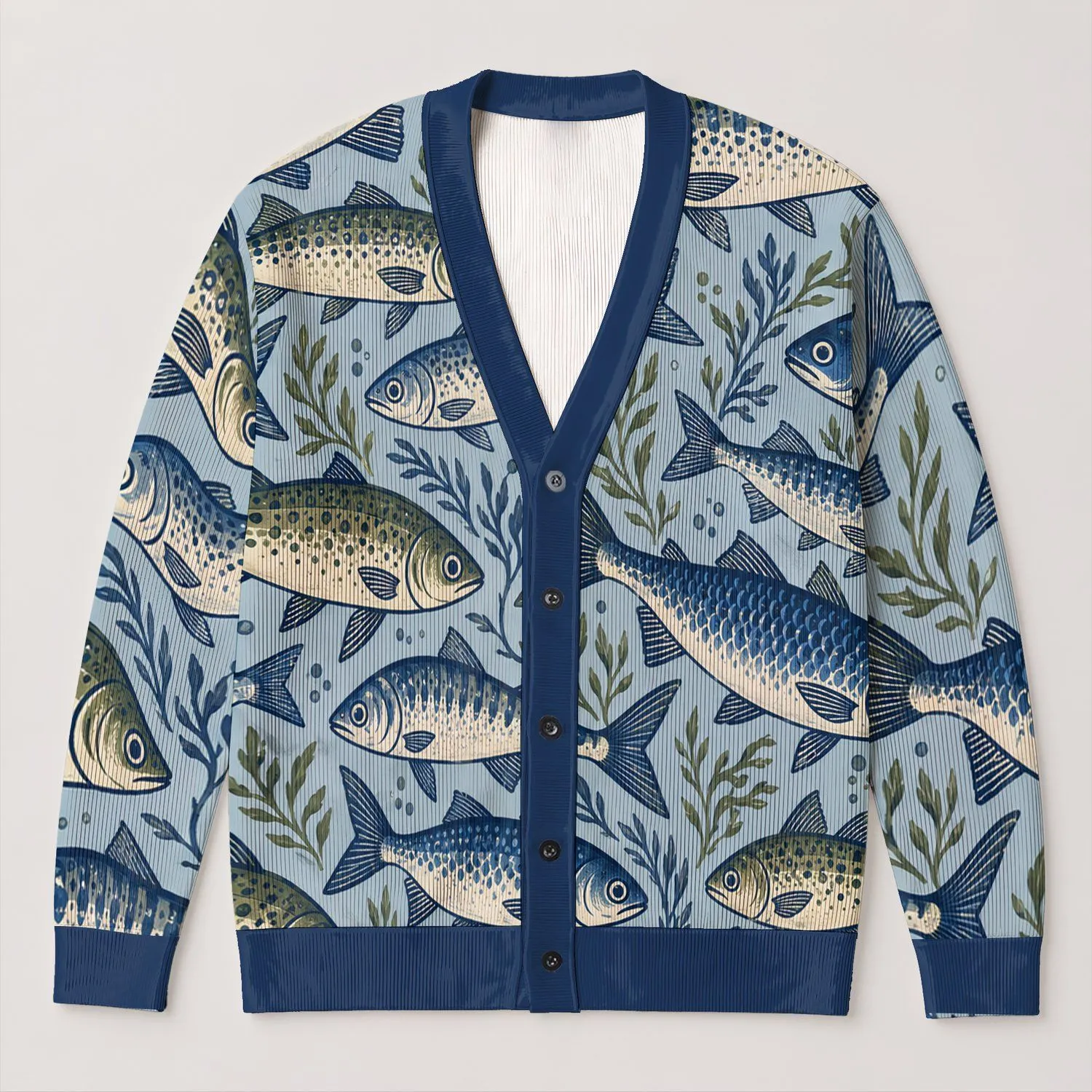 Colorful Folk Fish Motifs for Seaside Weekends and Casual Layering for Women Everywhere All-over Print Knitted Cardigan - 1