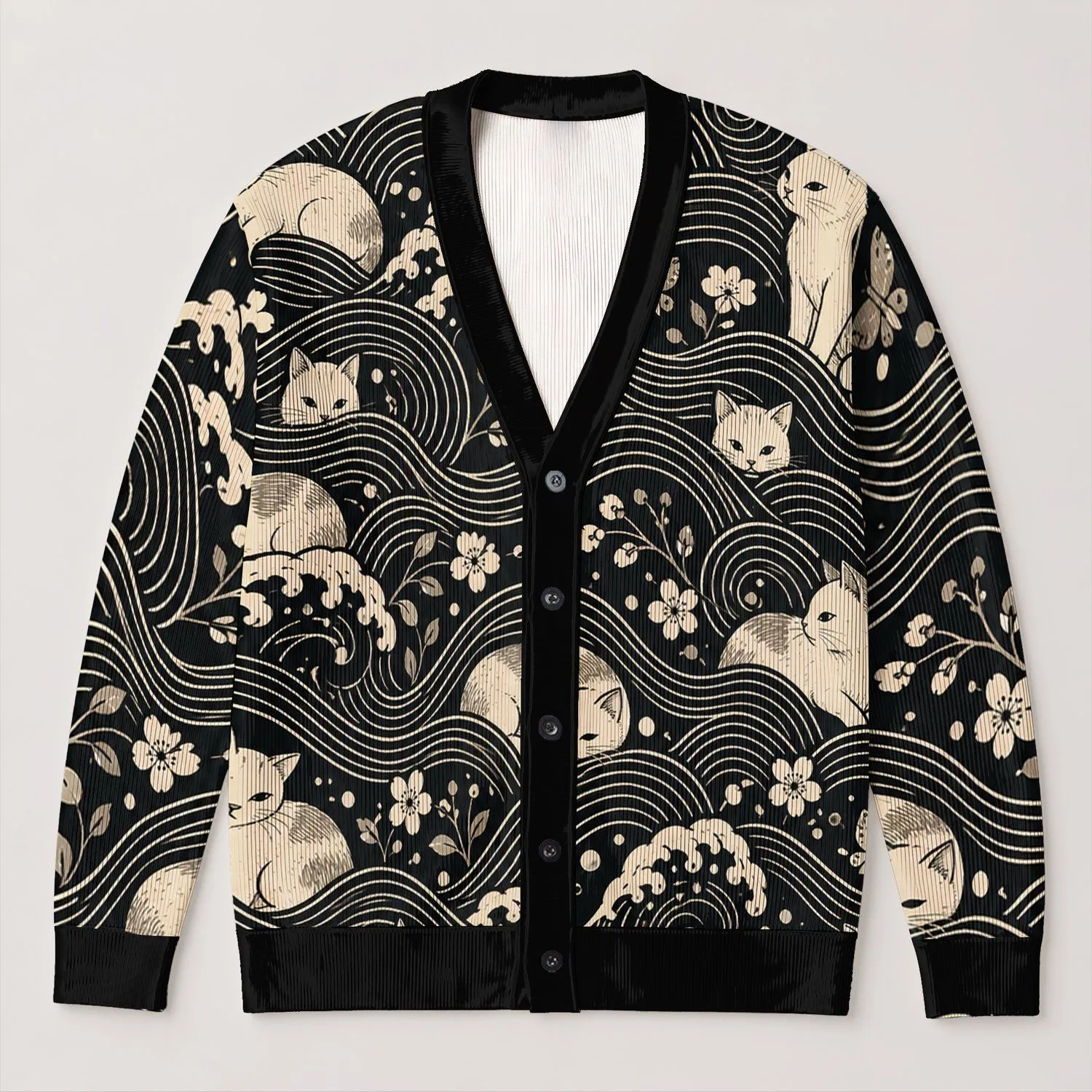Cream Cat Wave Motifs for Relaxed Everyday Layering, Modern Feline Style for Men All-over Print Knitted Cardigan - 1