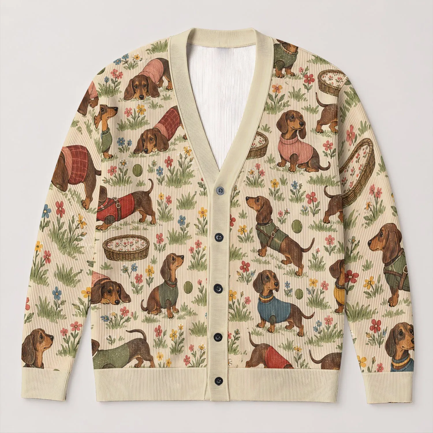 Vintage Dachshund Dog Scenes for Everyday Commuting and Casual Weekend Layering All-over Print Knitted Cardigan - 1