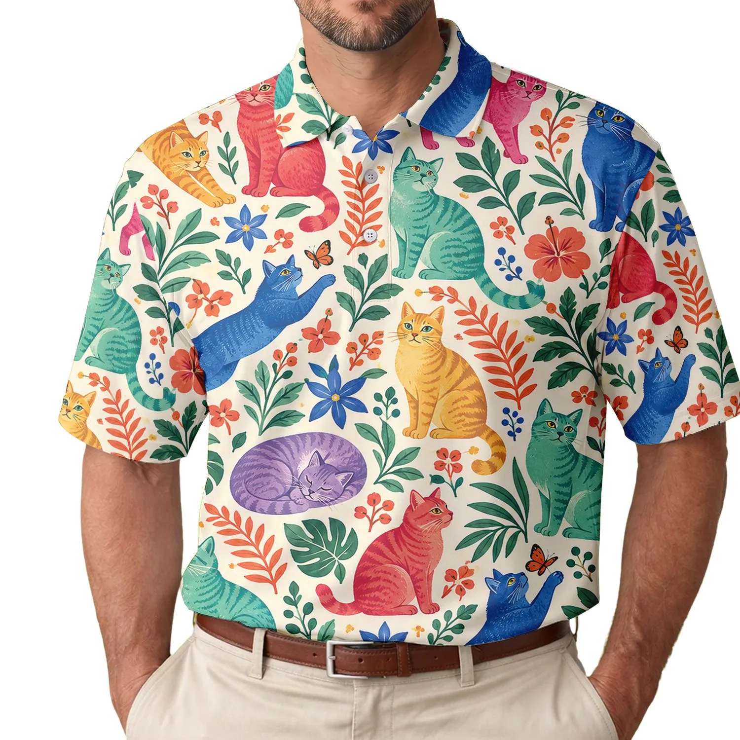 Colorful Cat Garden Motifs for Summer Golf Days and Pet Lover Gifts for Animal Lovers Men's Polo Shirt - 1