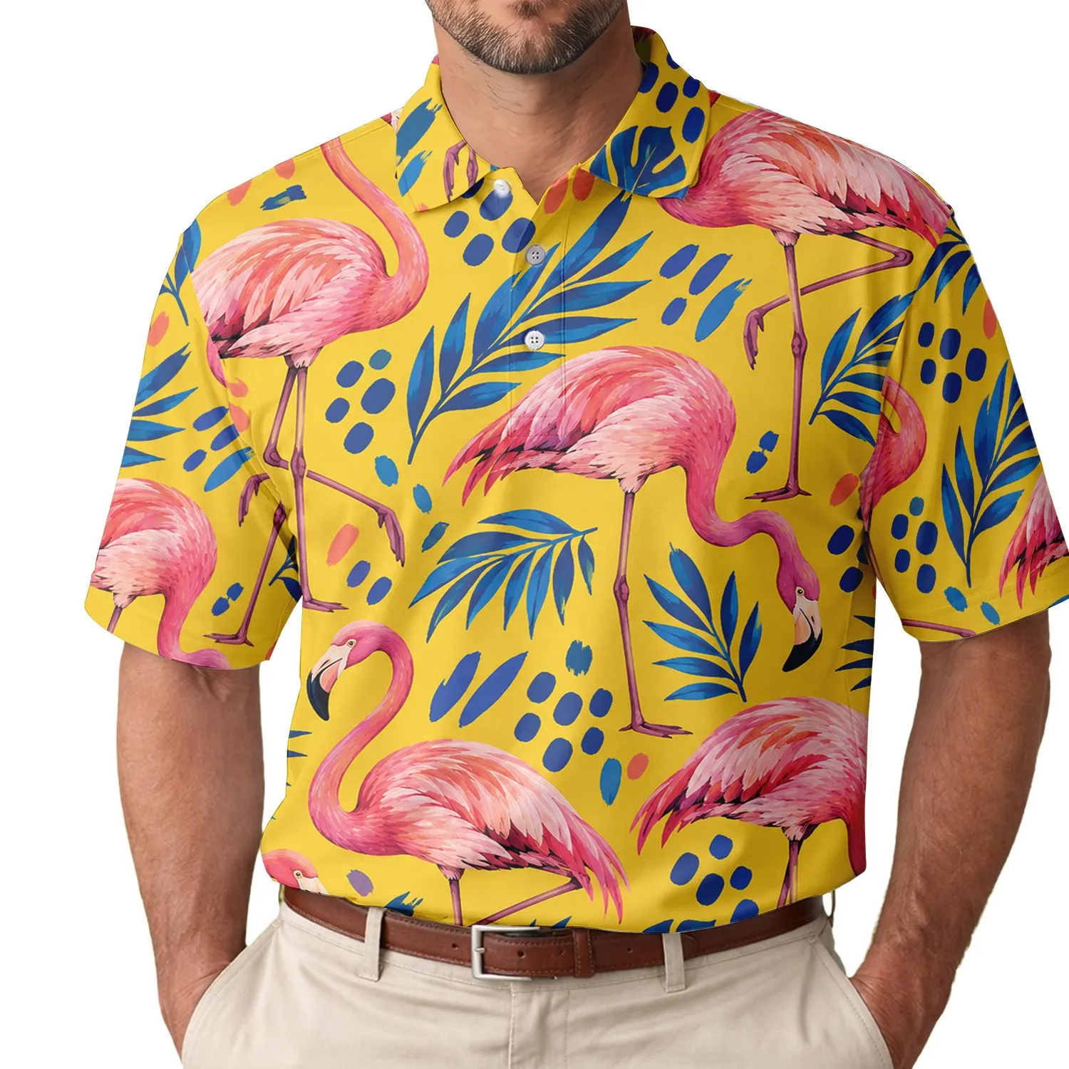 Pink Flamingos Tropical Golf Day Outfit for Men and Women Summer Resort Style Men's Polo Shirt - 1