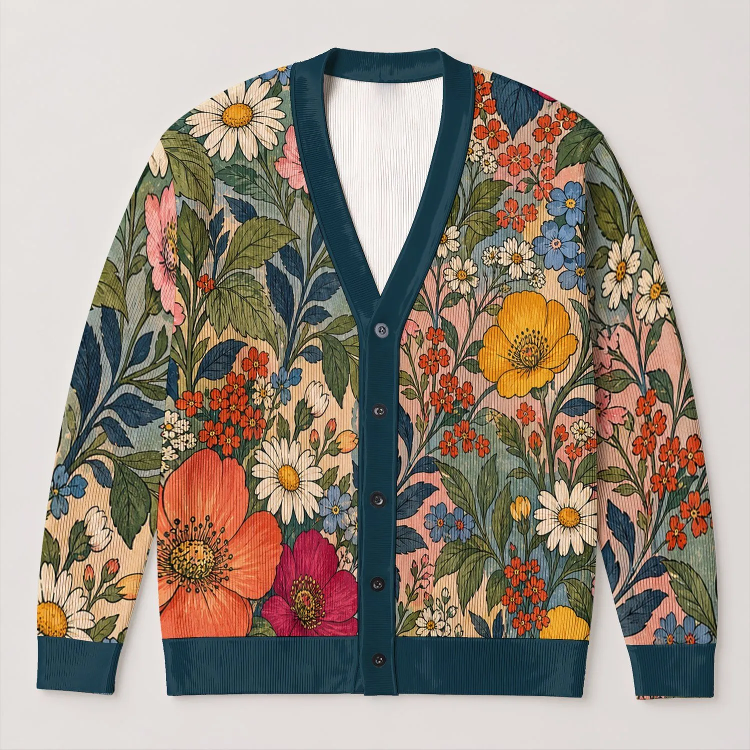 Retro Wildflower Garden Motifs for Relaxed Everyday Layering and Bohemian Weekend Style All-over Print Knitted Cardigan - 1